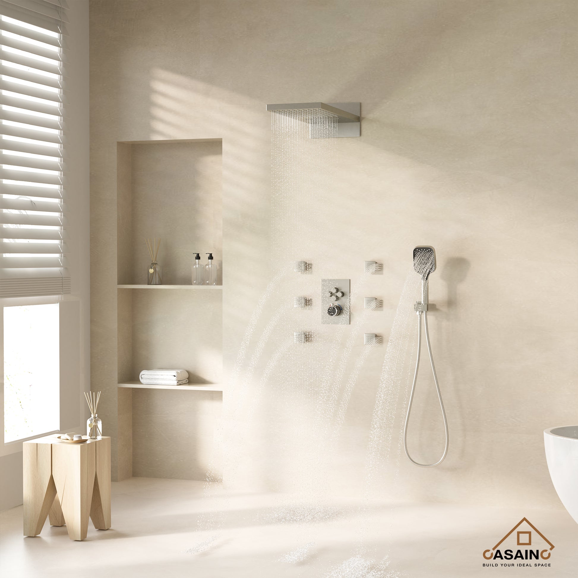 Wall Mounted 20 Inch Rectangular Dual-function Rainfall Shower Head 4 Function Thermostatic Shower System , With  6 Body Jets