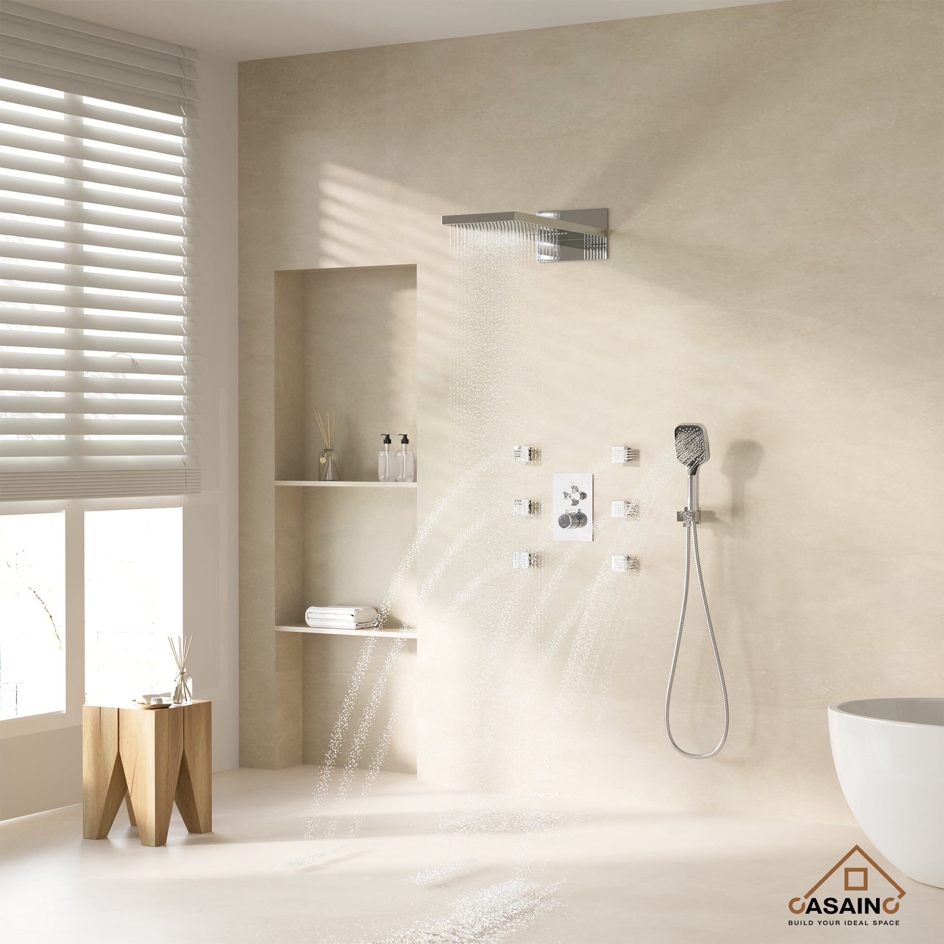 Wall Mounted 20 Inch Rectangular Dual-function Rainfall Shower Head 4 Function Thermostatic Shower System , With  6 Body Jets