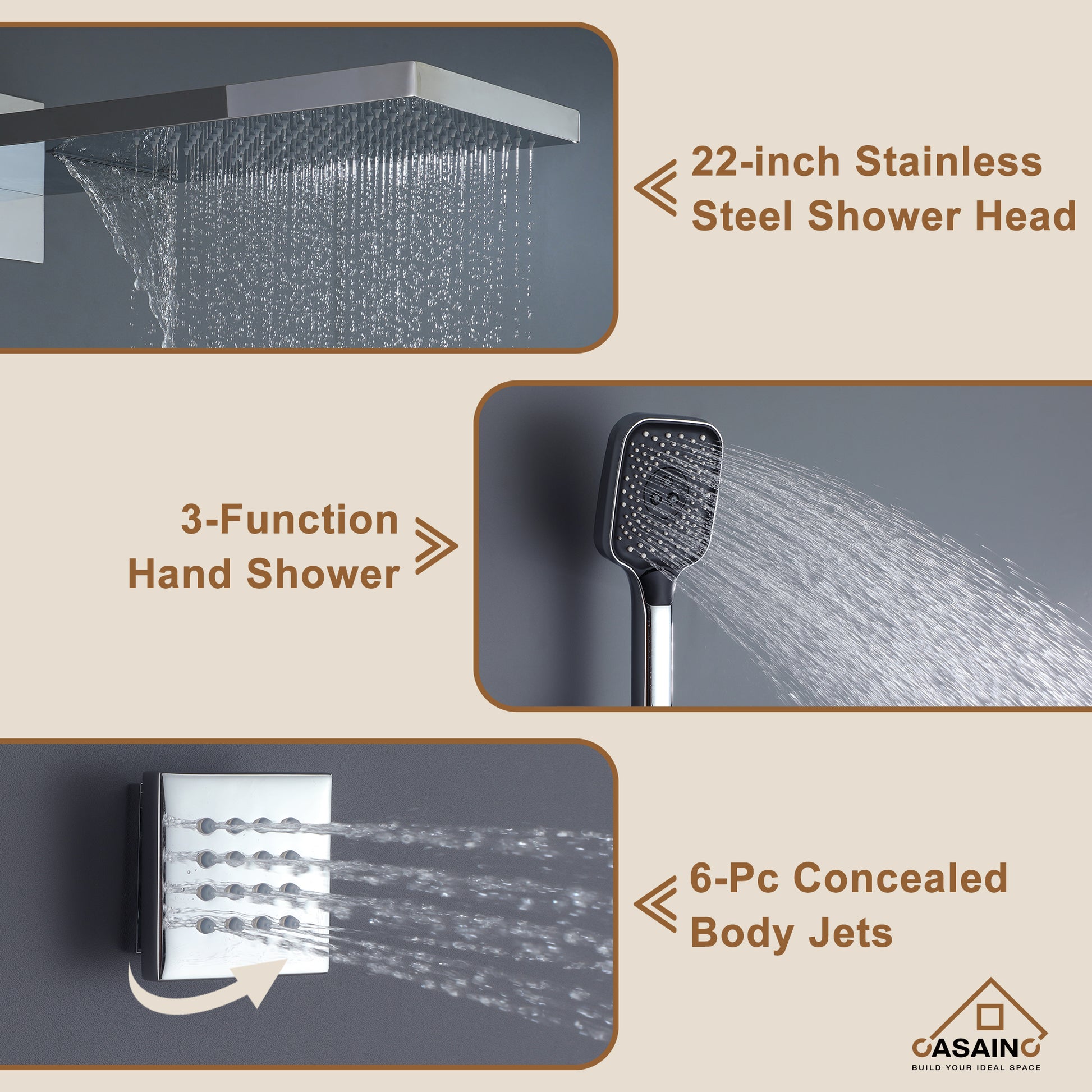 Wall Mounted 20 Inch Rectangular Dual-function Rainfall Shower Head 4 Function Thermostatic Shower System , With  6 Body Jets