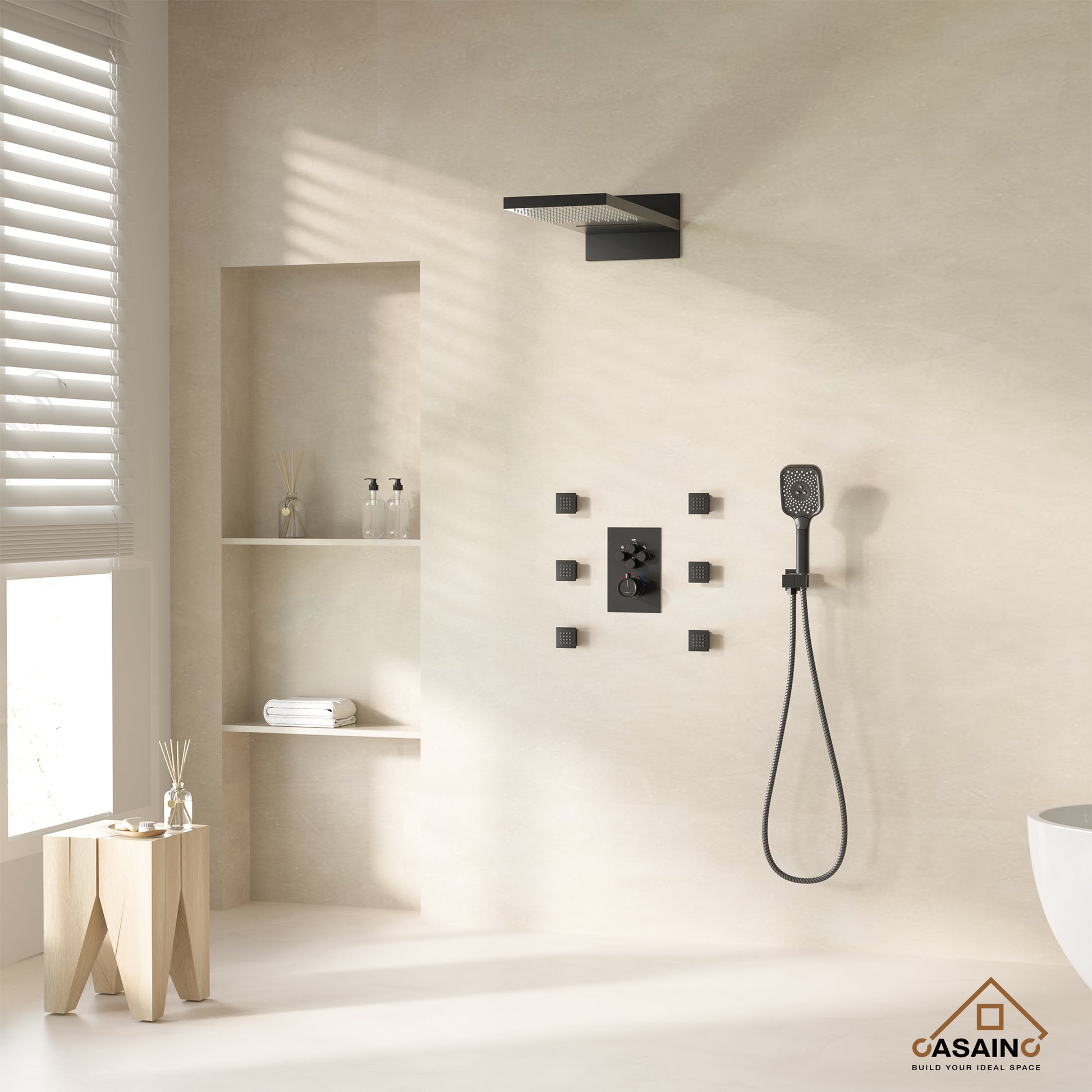 Wall Mounted 20 Inch Rectangular Dual-function Rainfall Shower Head 4 Function Thermostatic Shower System , With  6 Body Jets