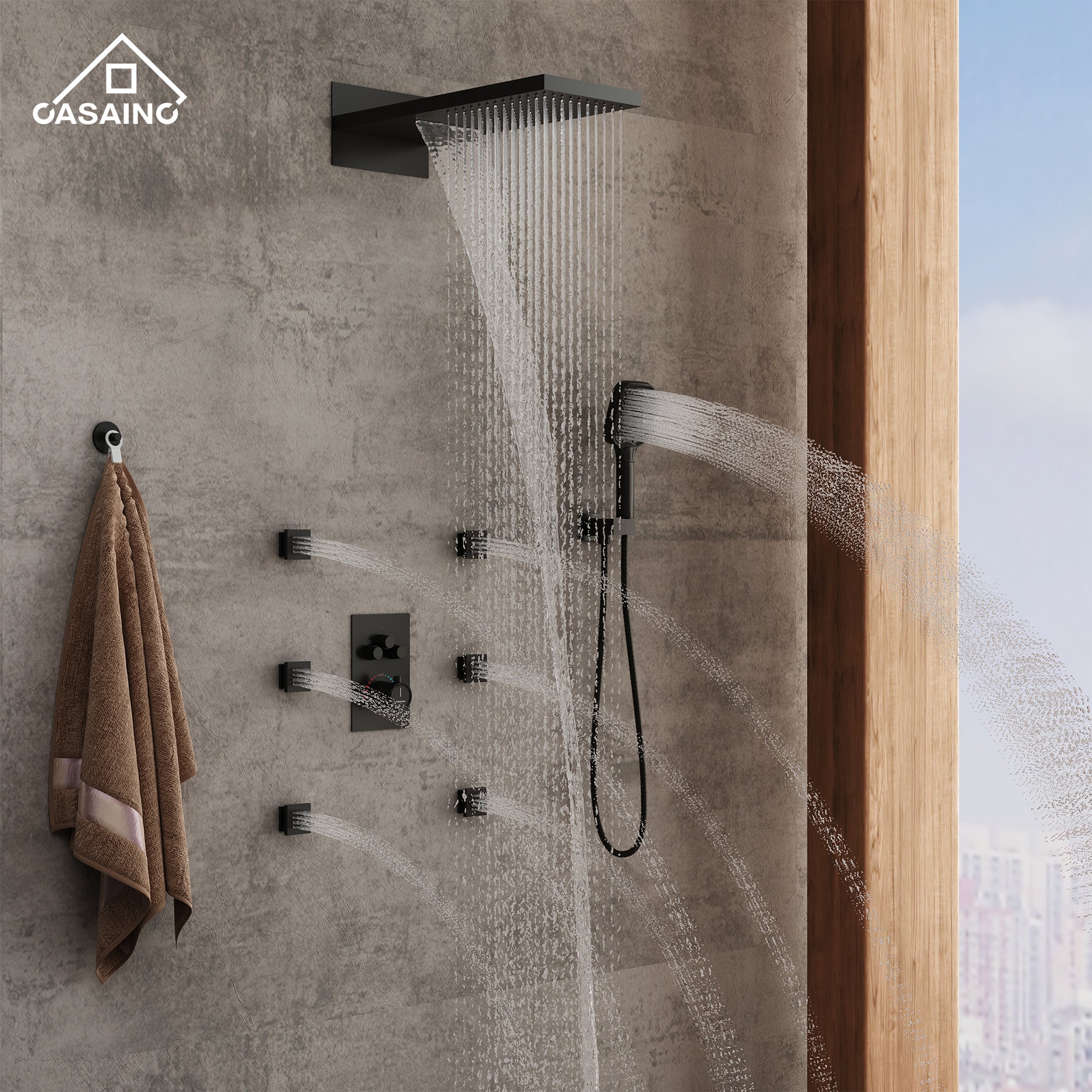 22" Wall Mounted Thermostatic Rain Shower Head System With 6 Body Jets