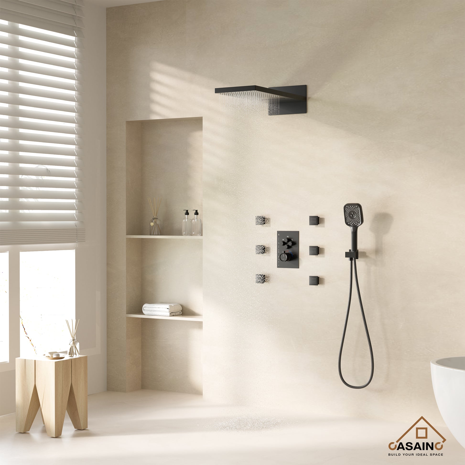Wall Mounted 20 Inch Rectangular Dual-function Rainfall Shower Head 4 Function Thermostatic Shower System , With  6 Body Jets