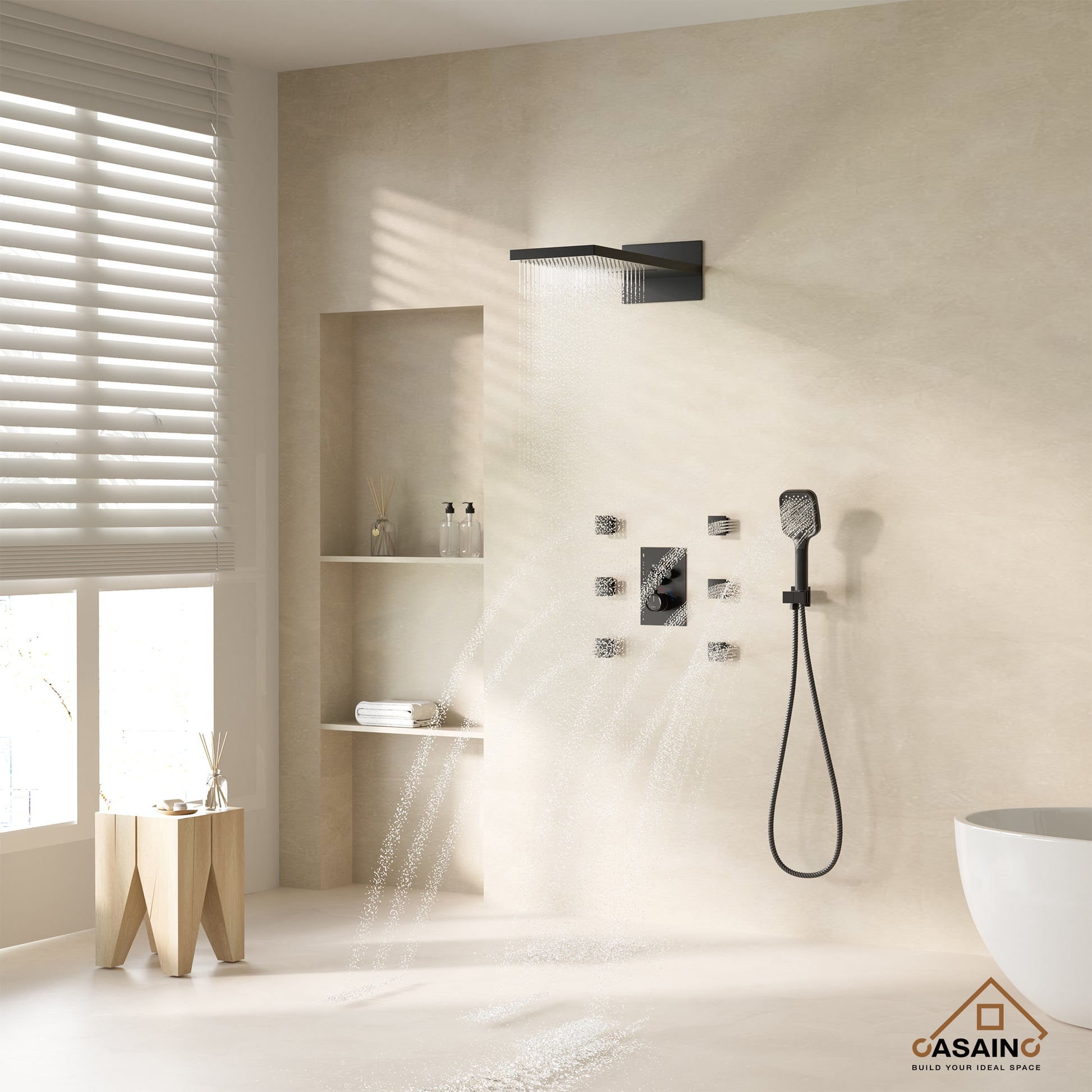 Wall Mounted 20 Inch Rectangular Dual-function Rainfall Shower Head 4 Function Thermostatic Shower System , With  6 Body Jets