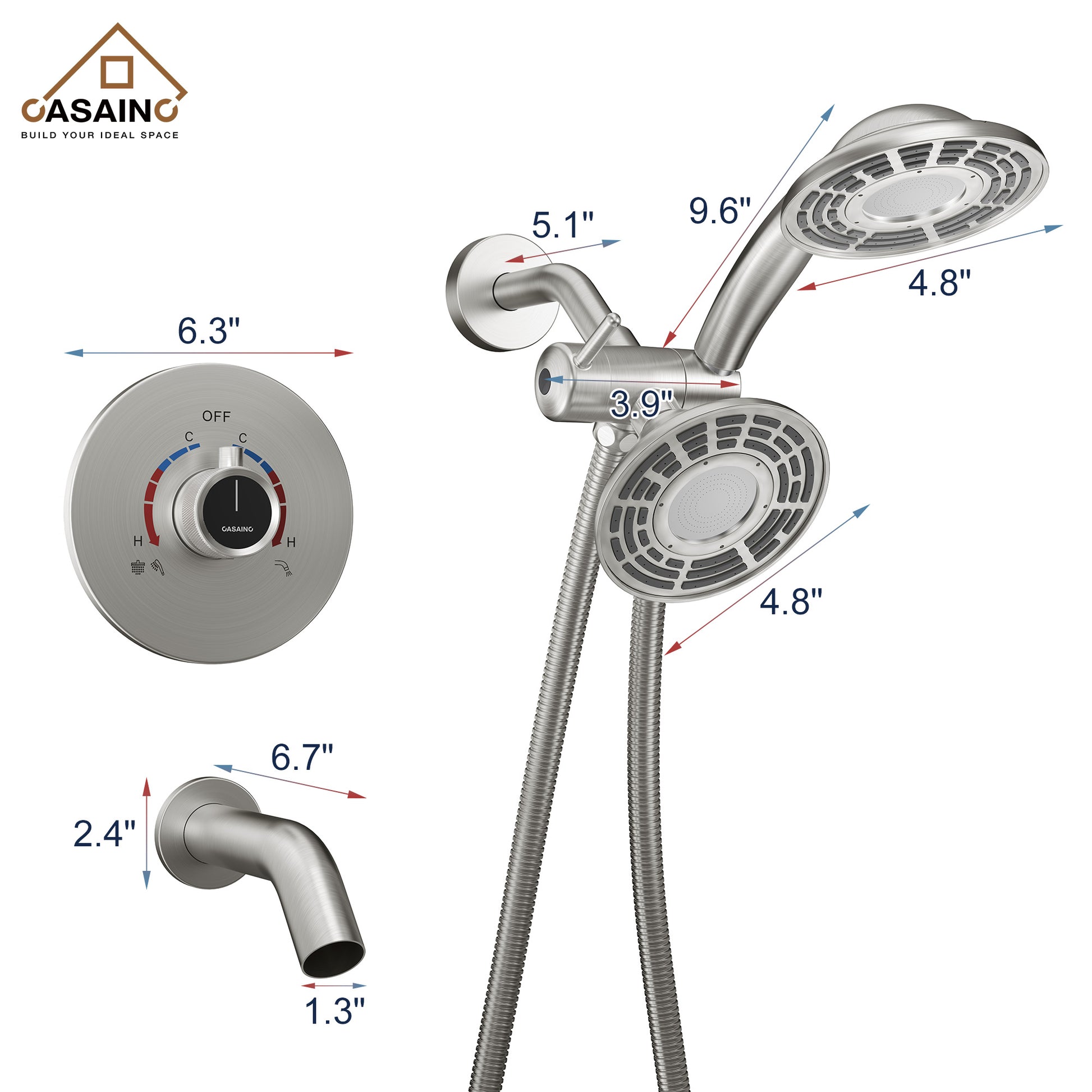 5-inch 3-Function Shower Faucet with Handheld & Tub Spout