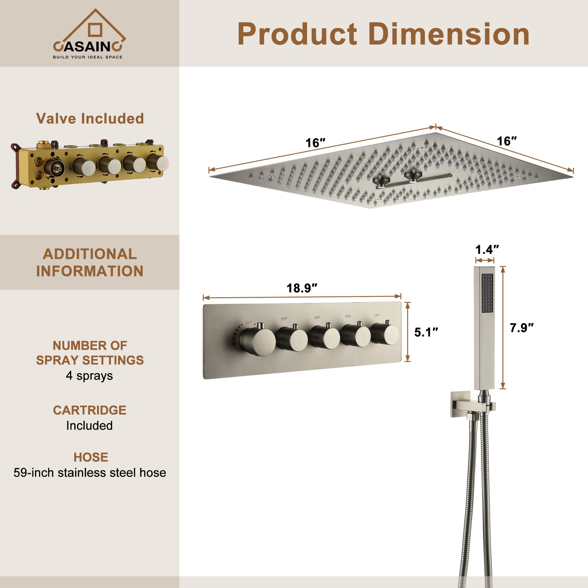 Luxury 4 Functions (Rainfall, Waterfall, Misty, Handheld) Shower System , 16 Inch Thermostatic Rain Shower Set with Multi-Function Remote Control 64 Color Lights