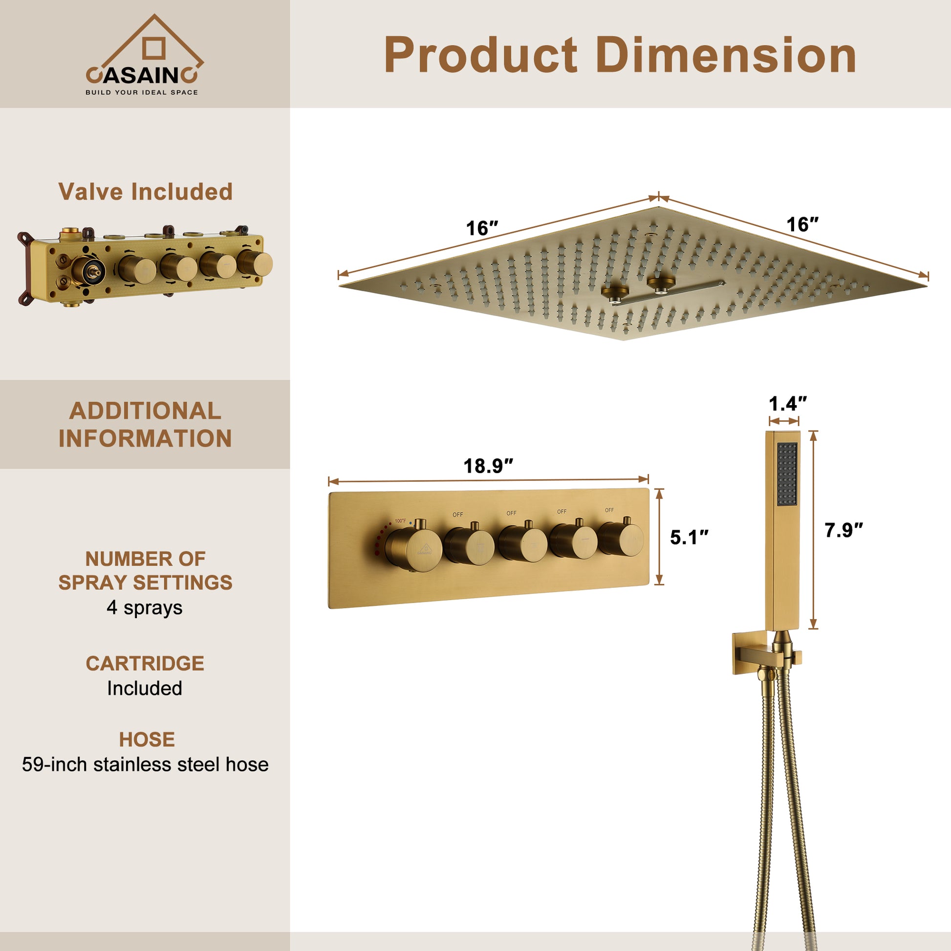 Luxury 4 Functions (Rainfall, Waterfall, Misty, Handheld) Shower System , 16 Inch Thermostatic Rain Shower Set with Multi-Function Remote Control 64 Color Lights