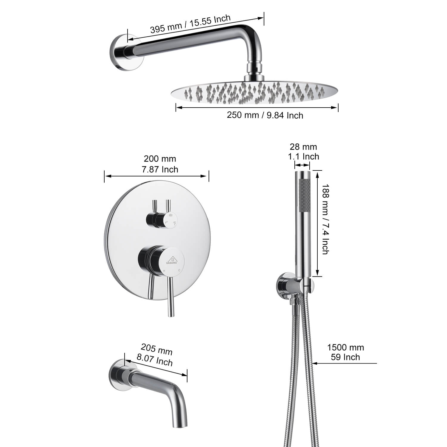 Casainc 10" Round 3 Functions Wall Mount Dual Shower Heads Shower Syst