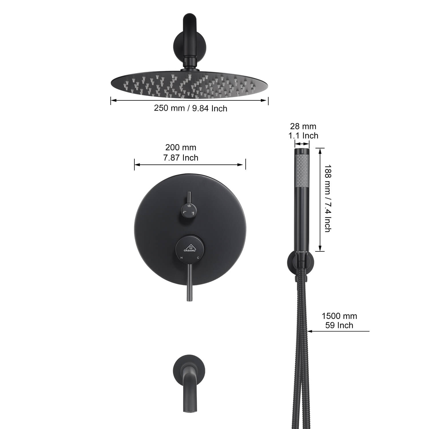 Casainc 10" Round 3 Functions Wall Mount Dual Shower Heads Shower Syst