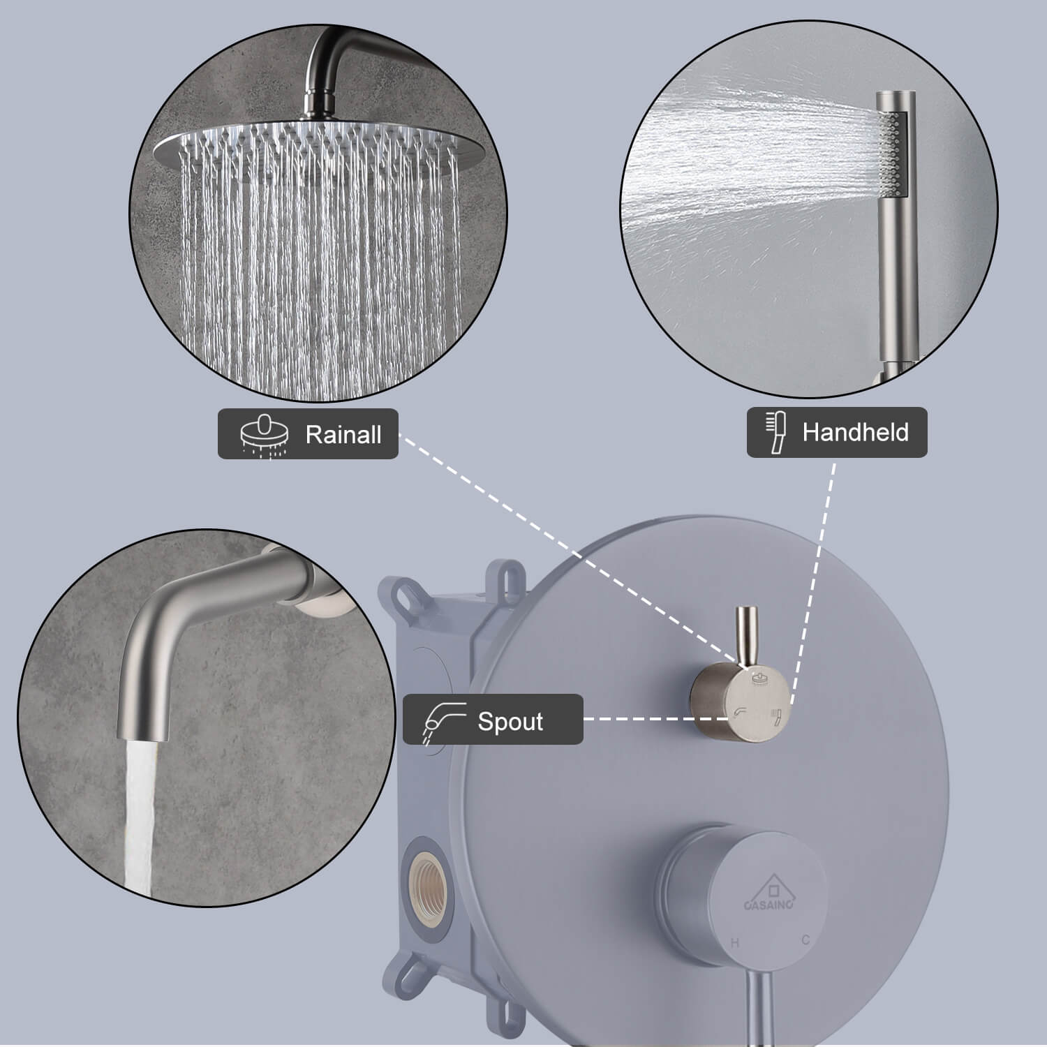 10" Round 3 Functions Wall Mount Dual Shower Heads Shower System - CASAINC