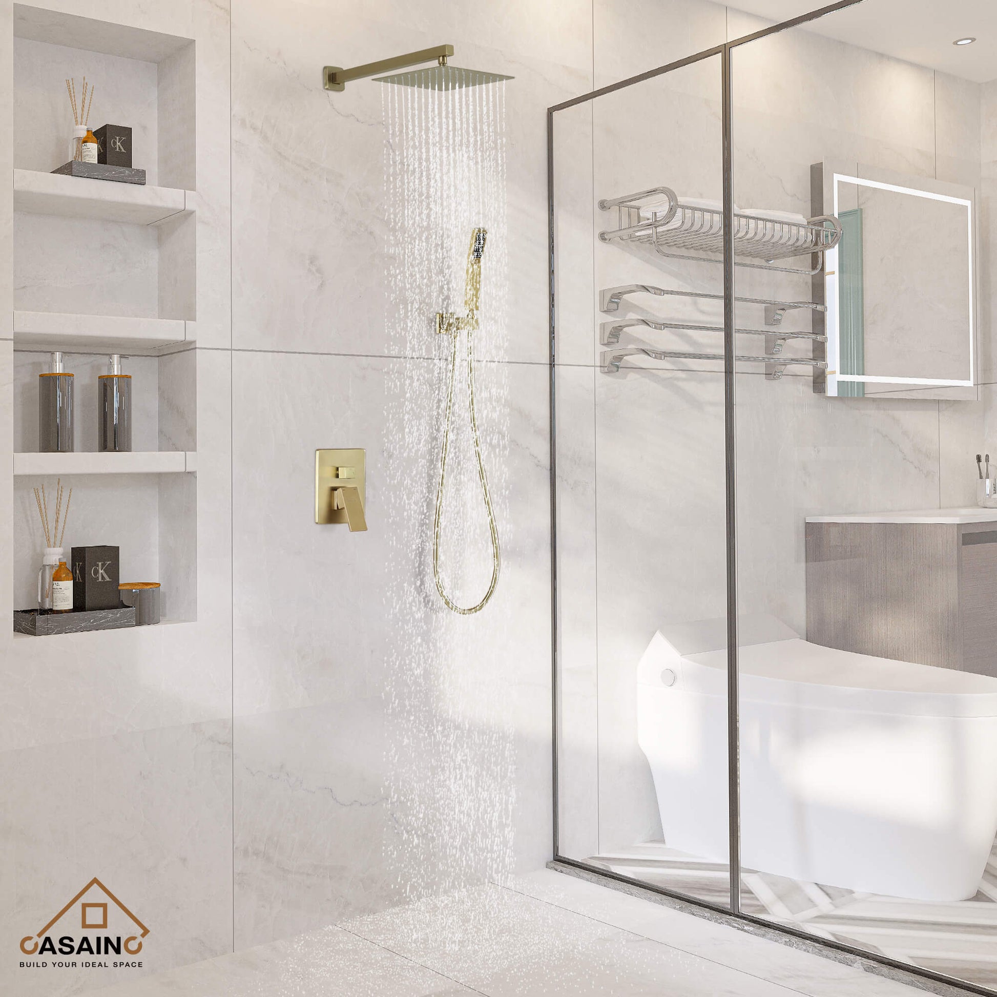 Casainc 2-Function Wall-Mounted/Ceiling-Mounted Shower System with Handheld Shower in Brushed Gold