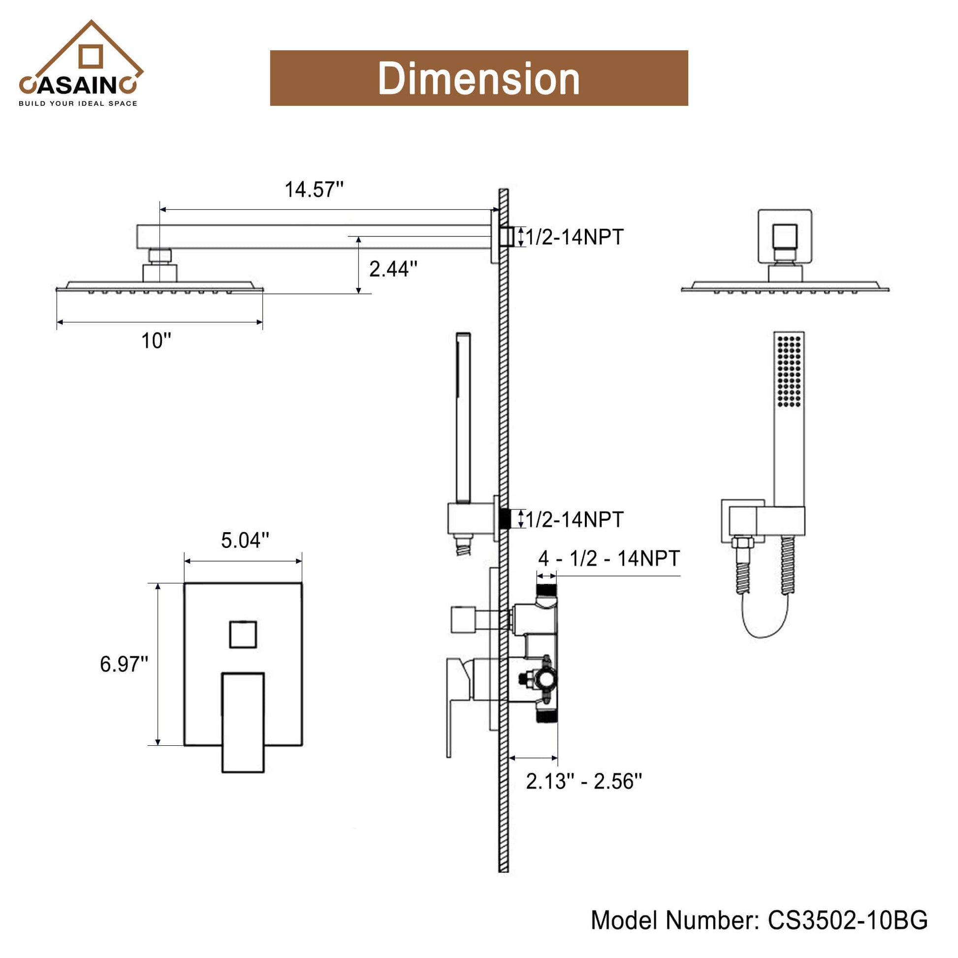 Casainc 2-Function Wall-Mounted/Ceiling-Mounted Shower System with Handheld Shower in Brushed Gold
