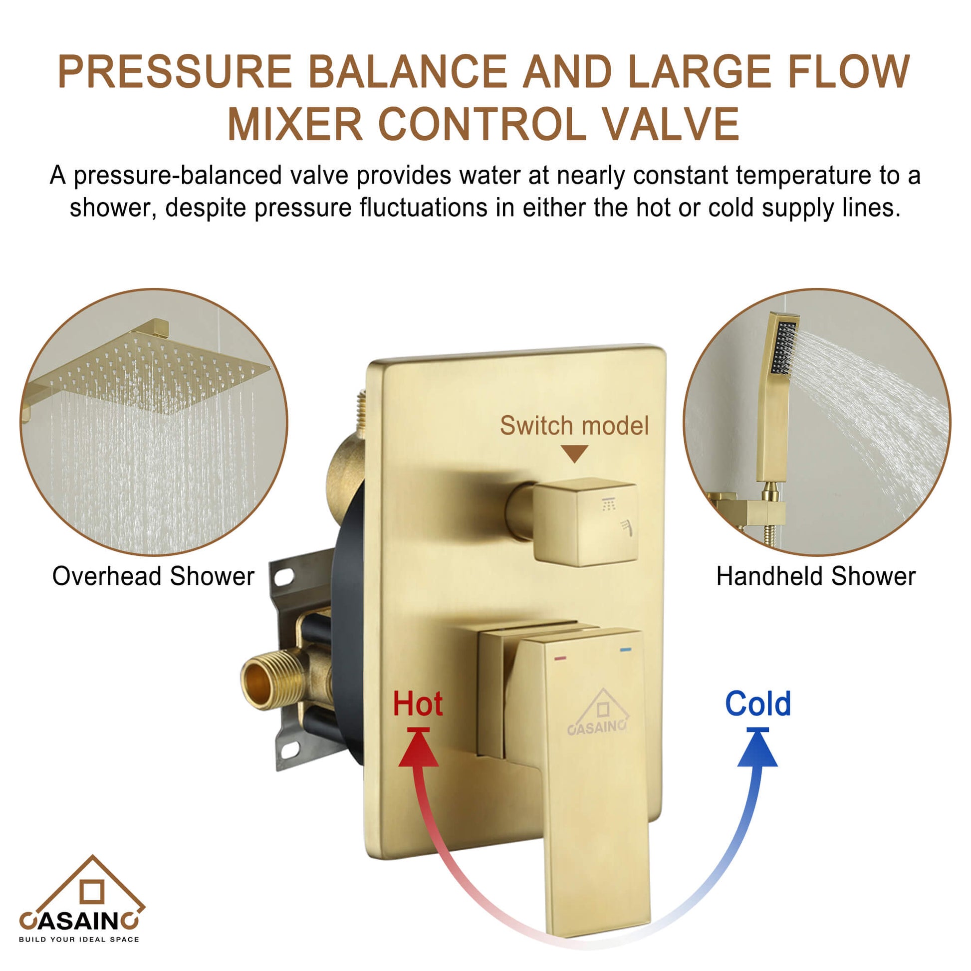 Casainc 2-Function Wall-Mounted/Ceiling-Mounted Shower System with Handheld Shower in Brushed Gold