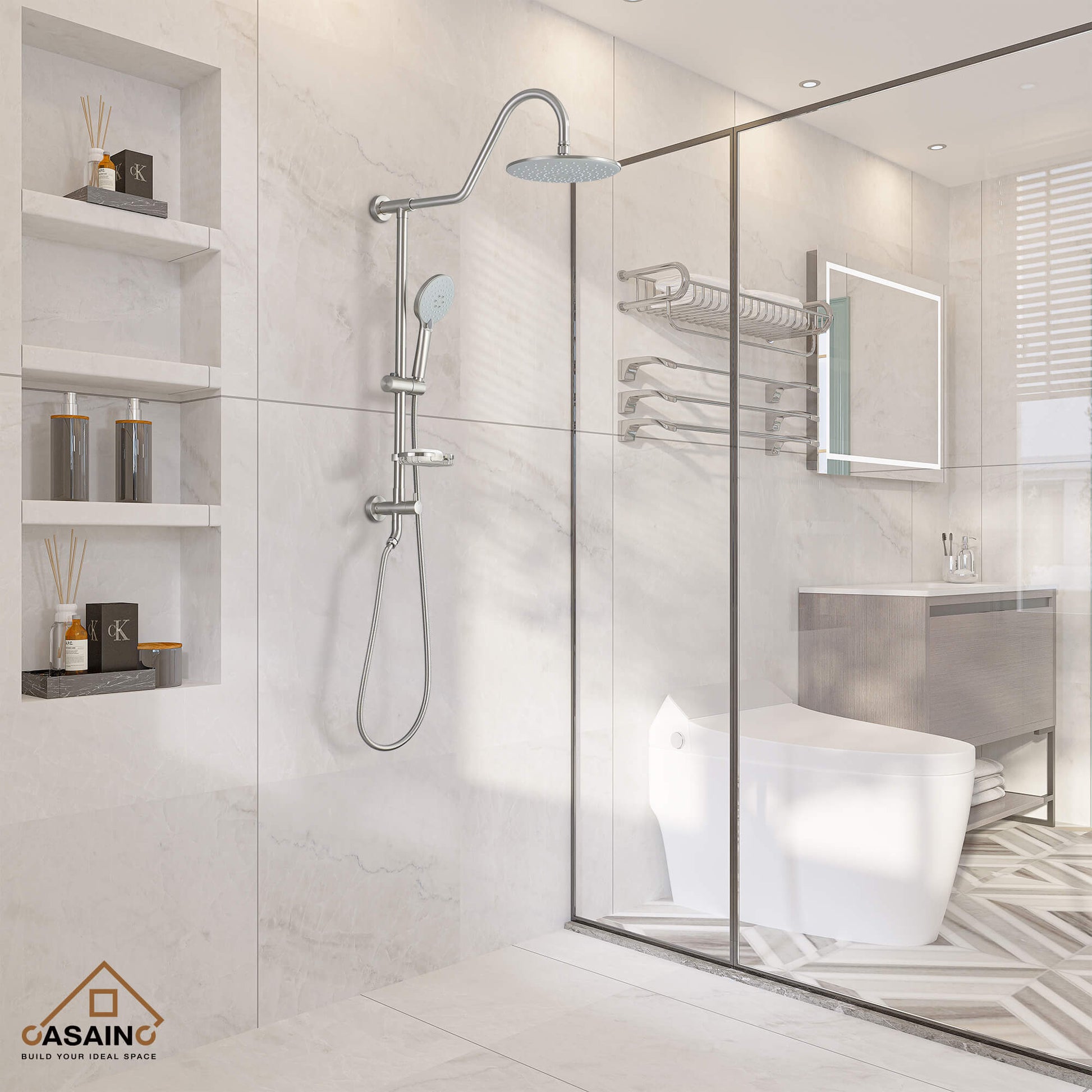 Casainc Exposed Pipe Dual Shower Heads System with 3 Spray Patterns Hand Shower