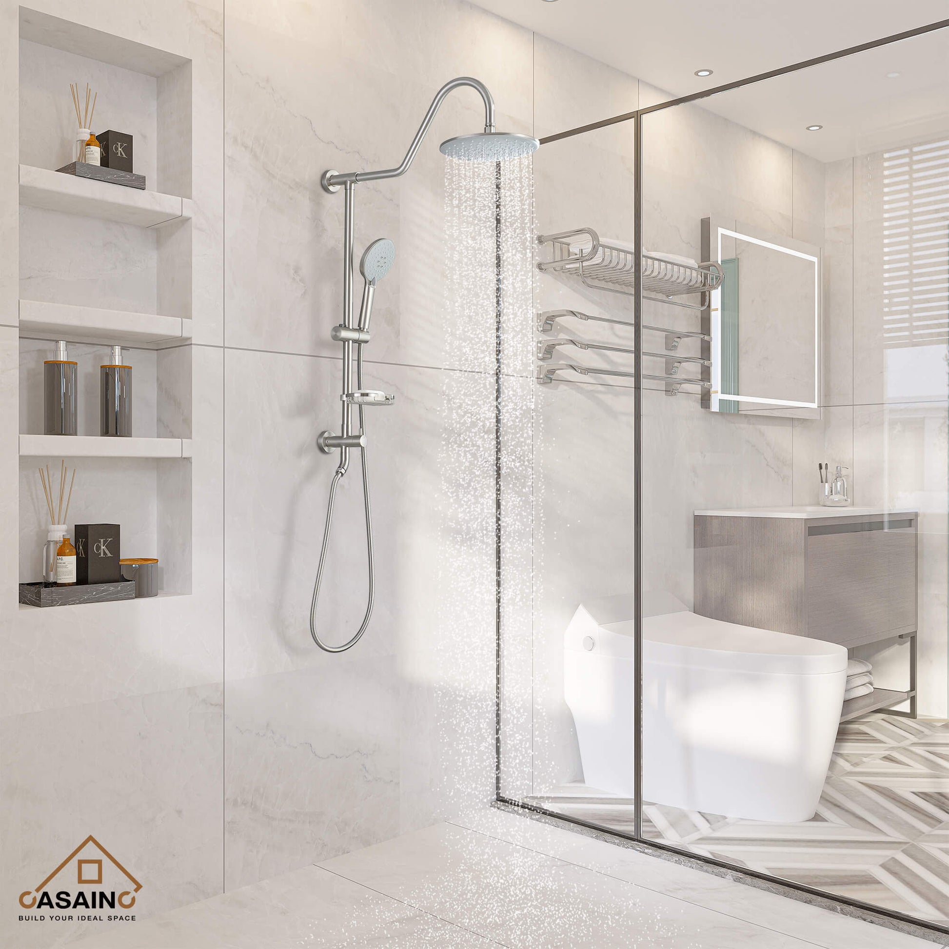 Casainc Exposed Pipe Dual Shower Heads System with 3 Spray Patterns Hand Shower