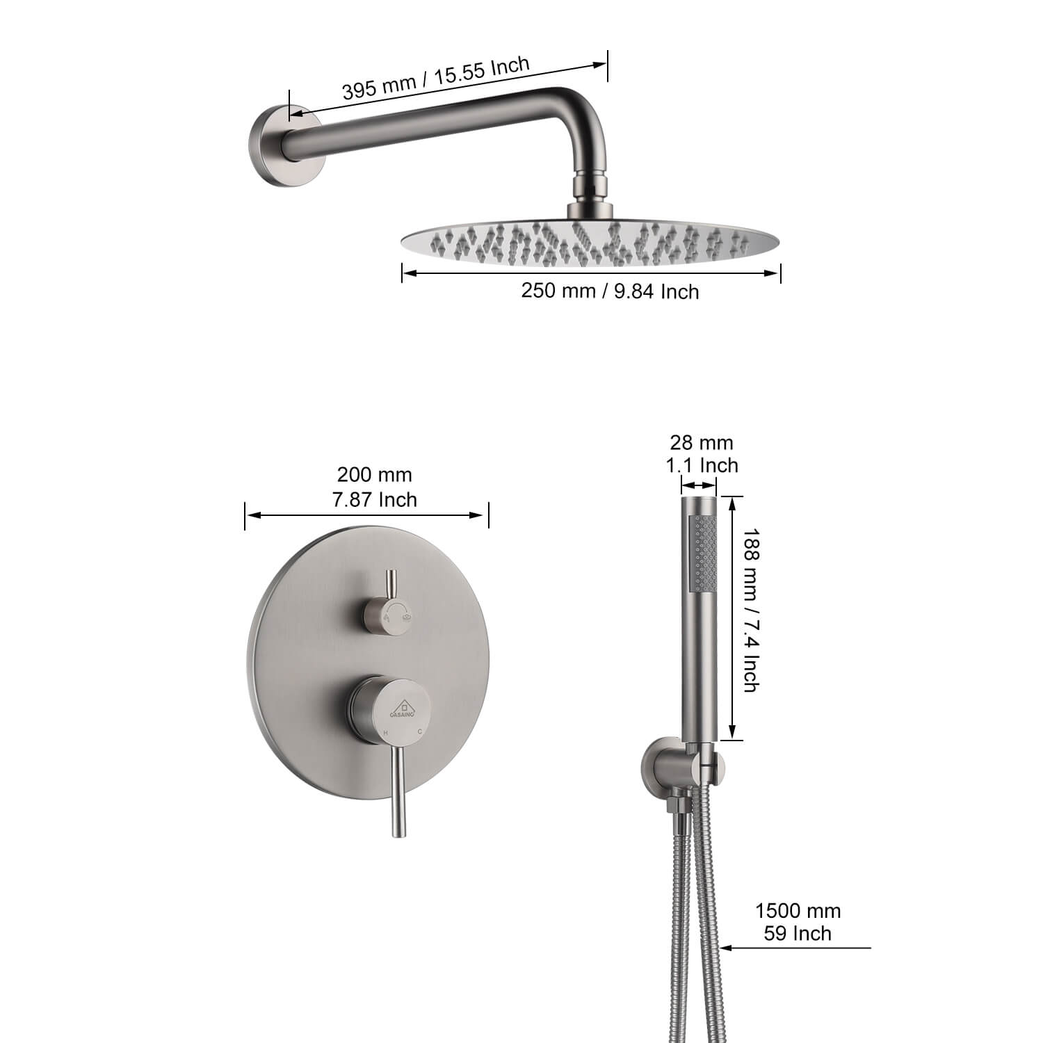 Casainc Round 2 Functions Wall Mount Dual Shower Heads Shower System