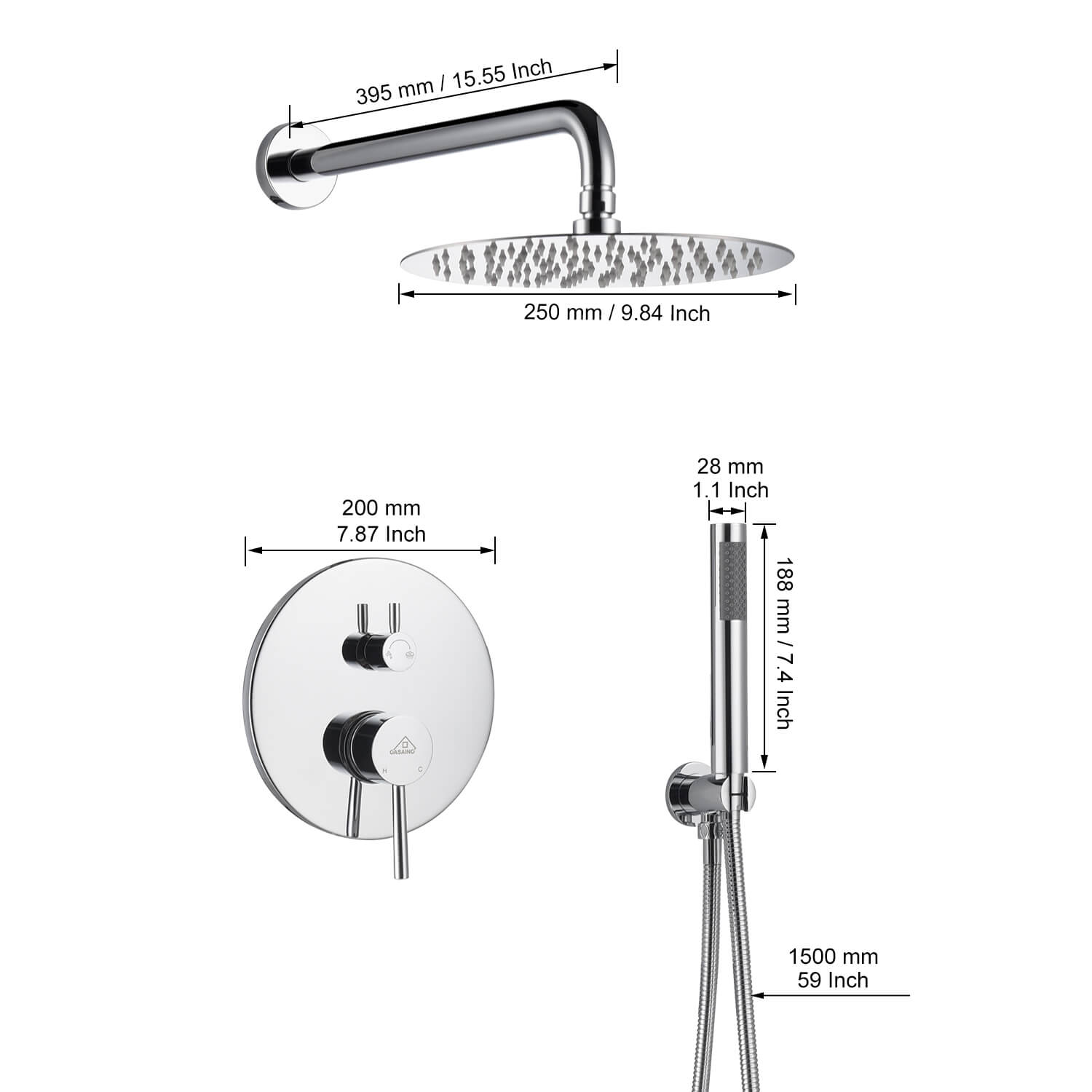 Casainc Round 2 Functions Wall Mount Dual Shower Heads Shower System