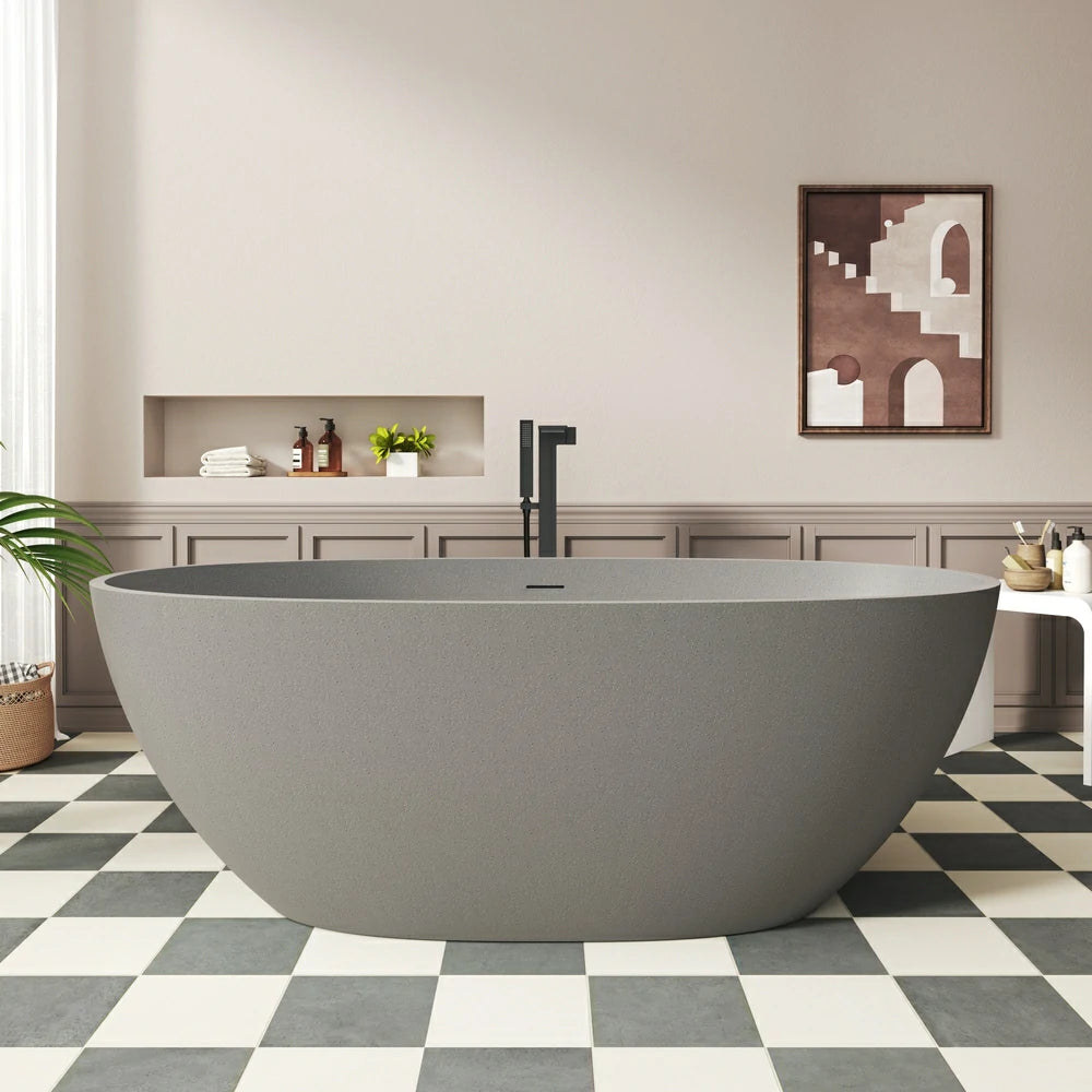 55"/59"/63"/67"/71" Contemporary Grey Stone Resin Soaking Tub with Oval Design and Center Overflow