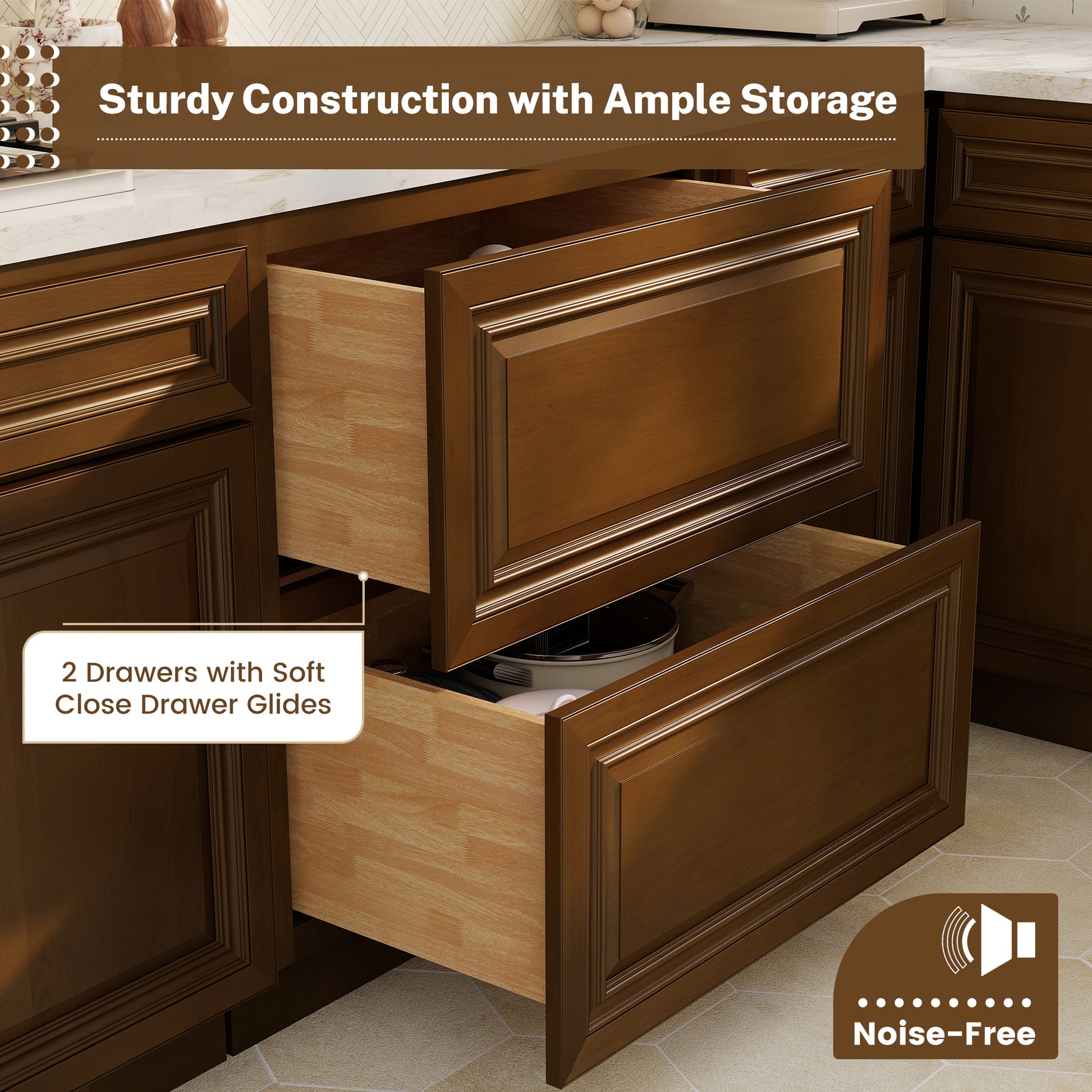 Dark Caramel RTA 30"W x 24"D x 34.5"H Base Cabinet with 2 Drawers