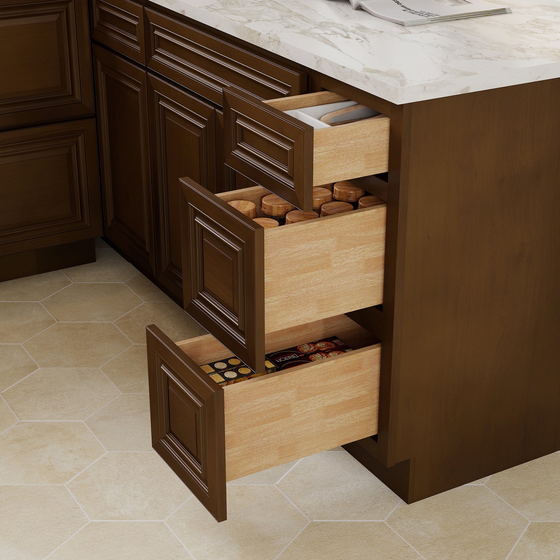 Dark Caramel RTA 12"W x 24"D x 34.5"H Base Cabinet with 3 Drawers