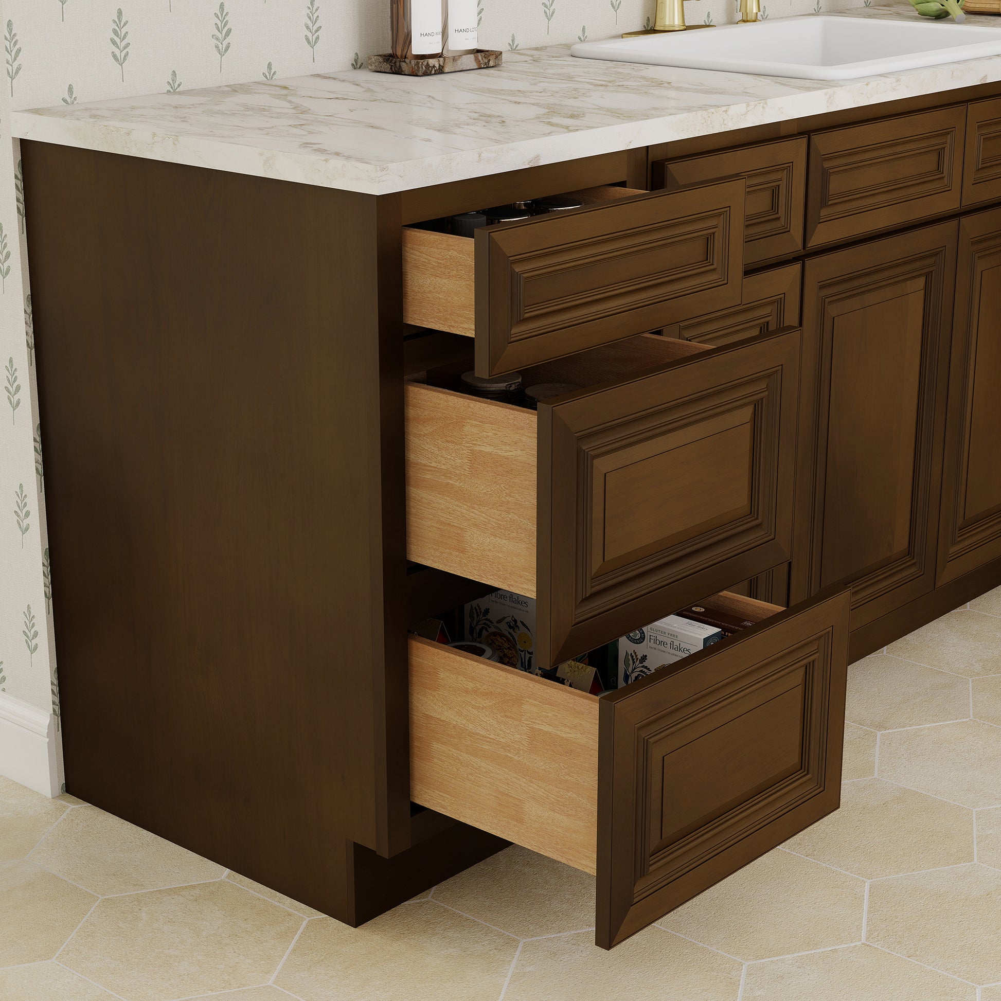 Dark Caramel RTA 18"W x 24"D x 34.5"H Base Cabinet with 3 Drawers