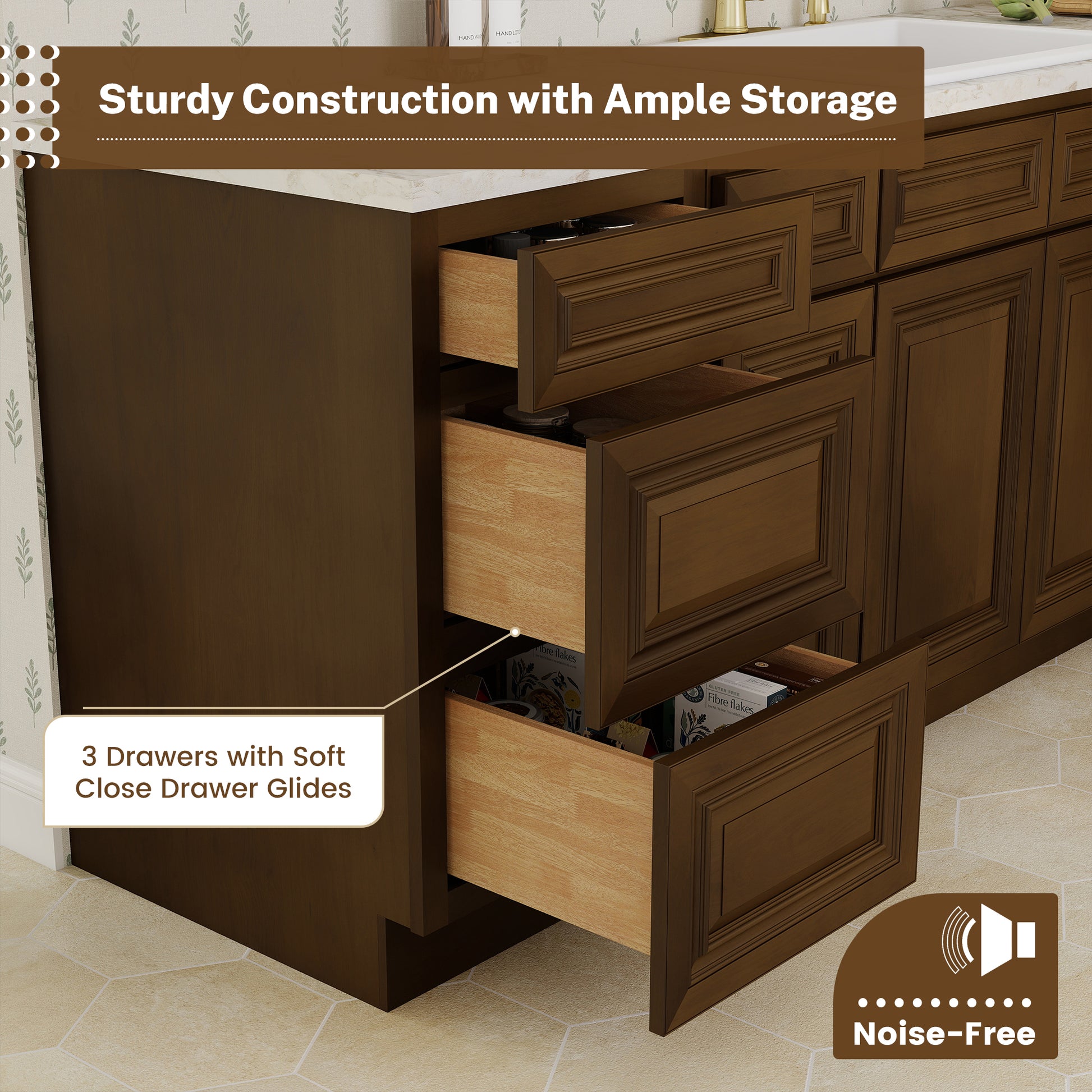 Dark Caramel RTA 18"W x 24"D x 34.5"H Base Cabinet with 3 Drawers