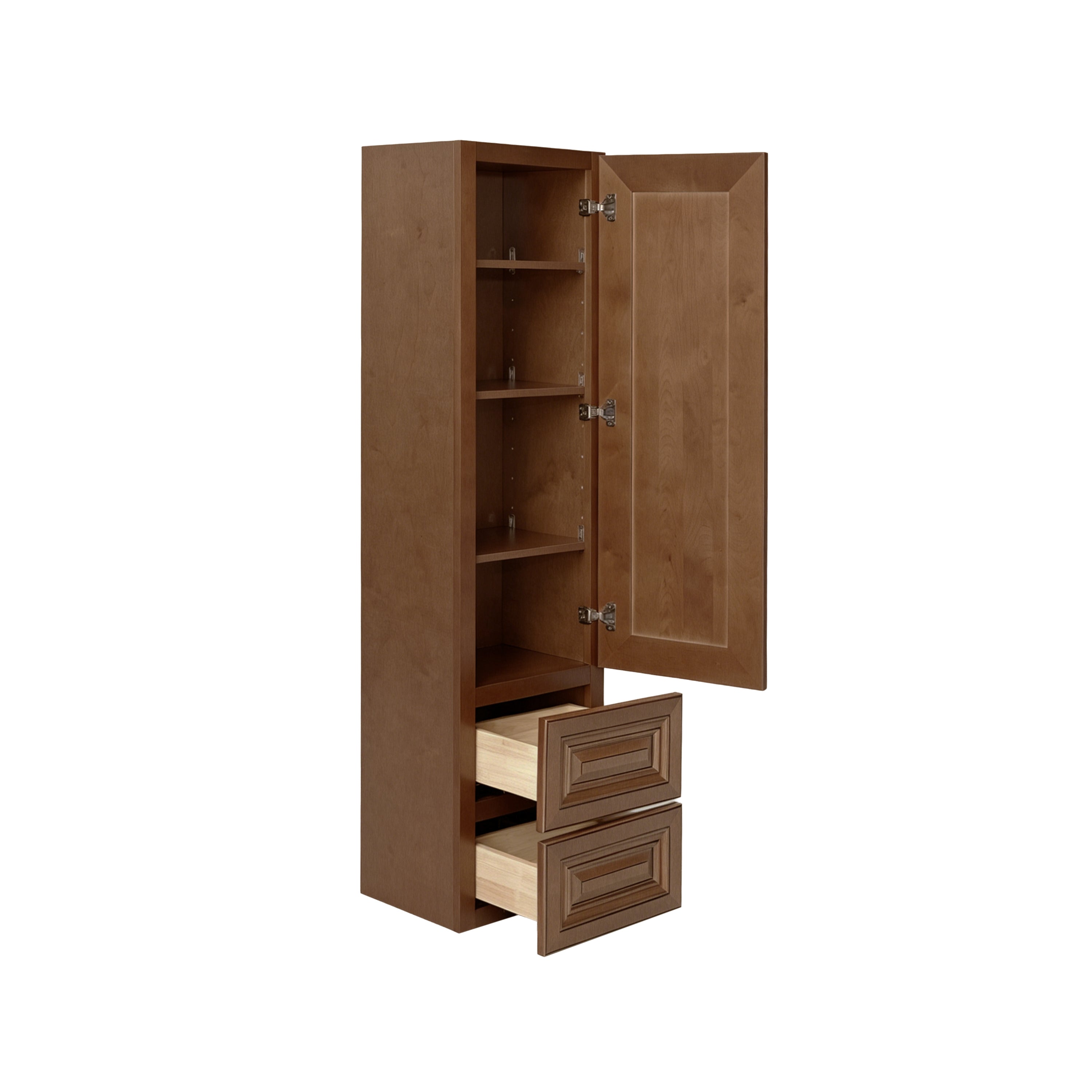Dark Caramel RTA 15"W x 12"D x 60"H On-Counter Cabinet/ Counter Linen Cabinet with 1 Door, 2 drawers & 3 Shelves