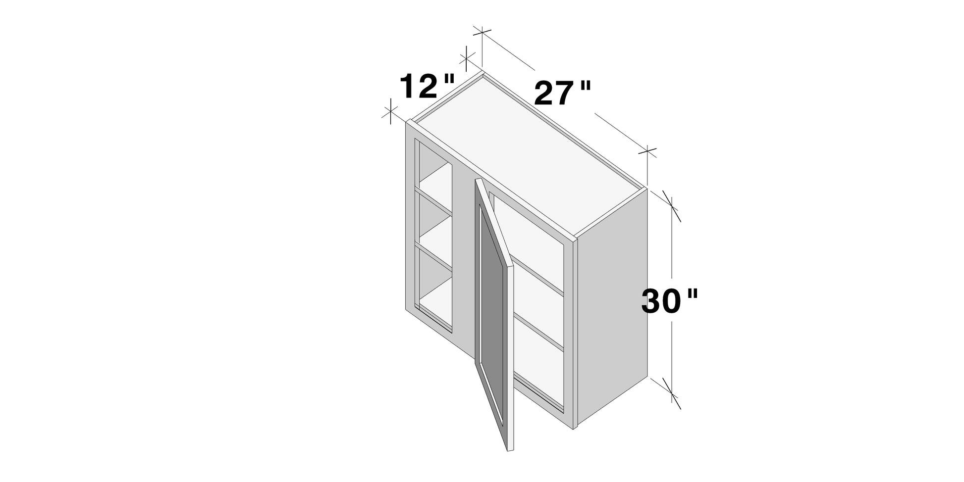Dark Caramel RTA 27"W x 12"D x 30"H Standard Corner Wall Cabinets with 1 Door & 2 Shelves