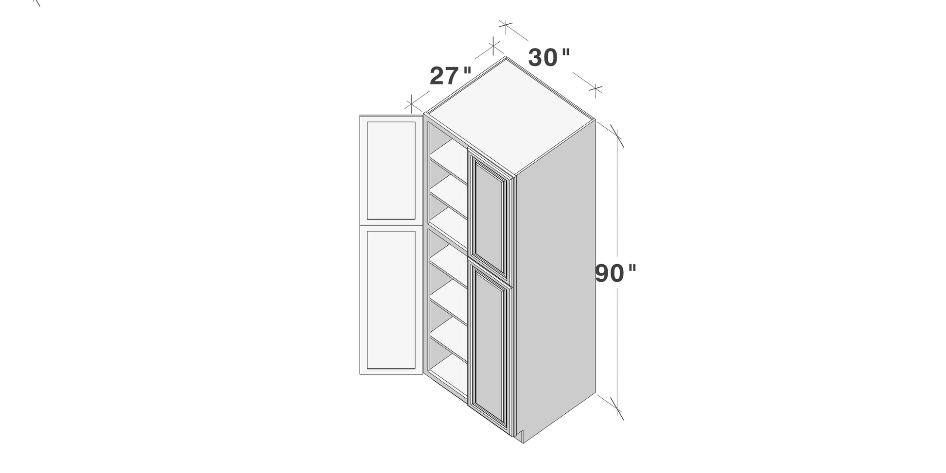 Dark Caramel RTA 30"W x 27"D x 90"H Pantry Cabinet with 4 Doors & 3 Shelves