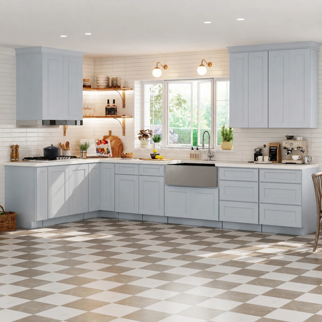 Dove Grey RTA Kitchen Cabinets - L-Shaped Cabinet Set (13' × 7' Layout)