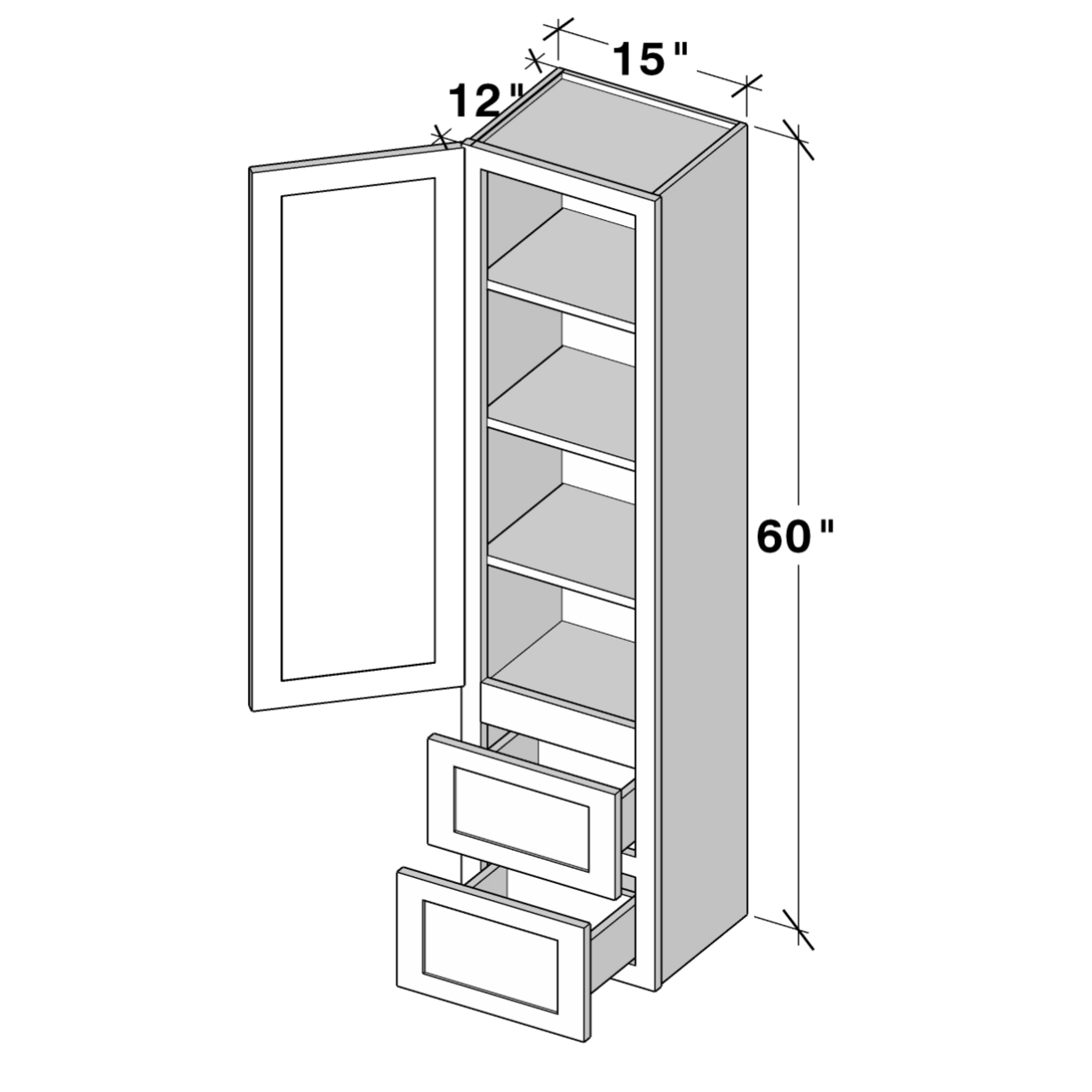 Dove Grey RTA 15"W x 60"H x 12"D Counter Linen Cabinet with 1 Door, 2 Drawers and 4 Shelves