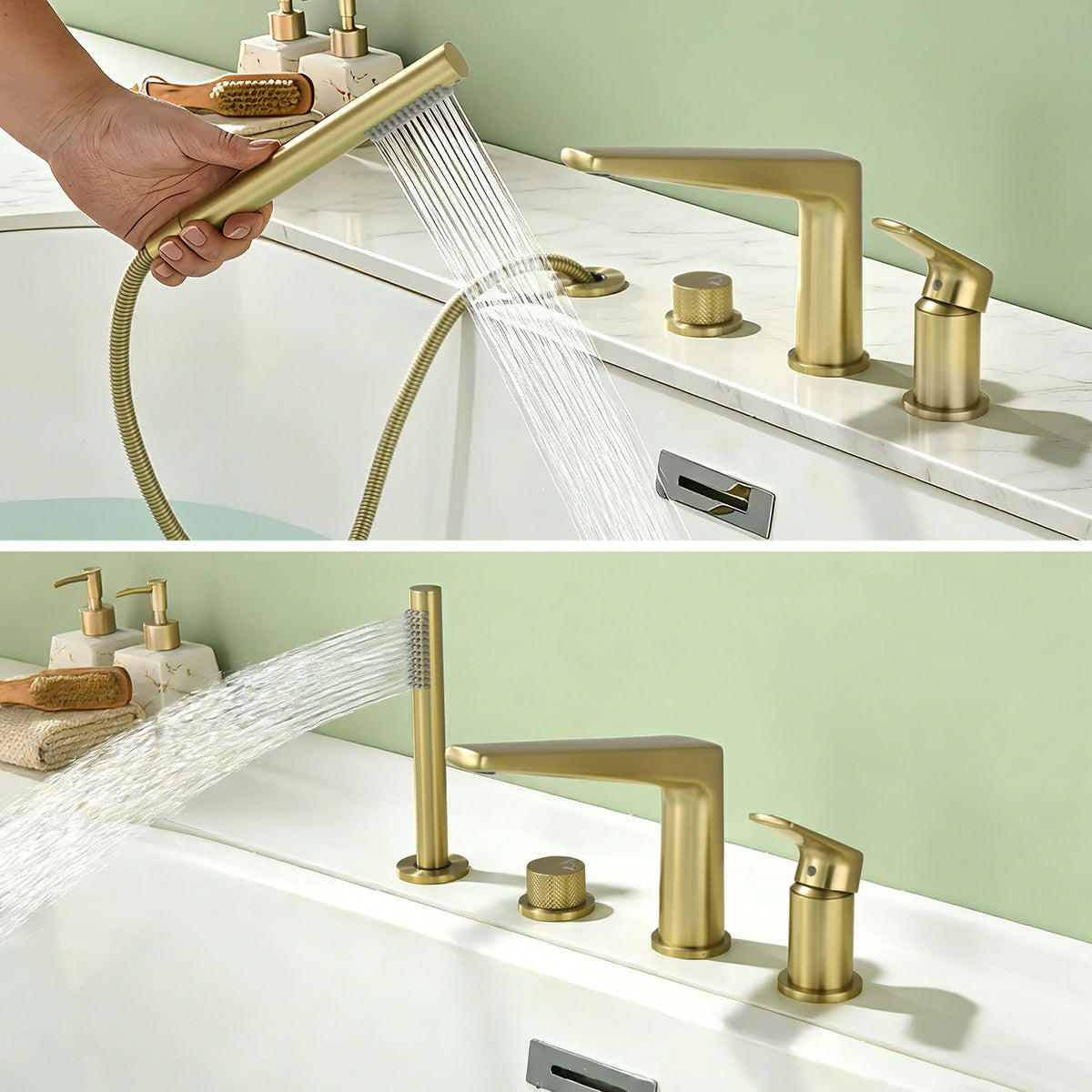 4-Hole Aerated Deck-Mounted Bathtub Faucet with Hand Shower in Brushed Gold/Matte Black