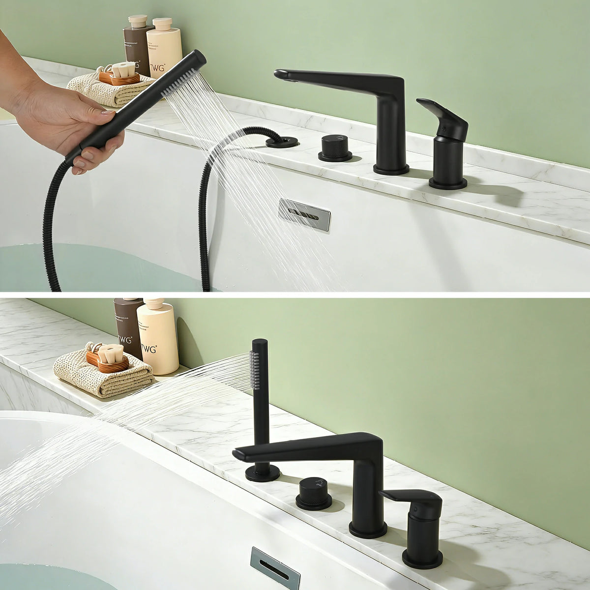 4-Hole Aerated Deck-Mounted Bathtub Faucet with Hand Shower in Brushed Gold/Matte Black