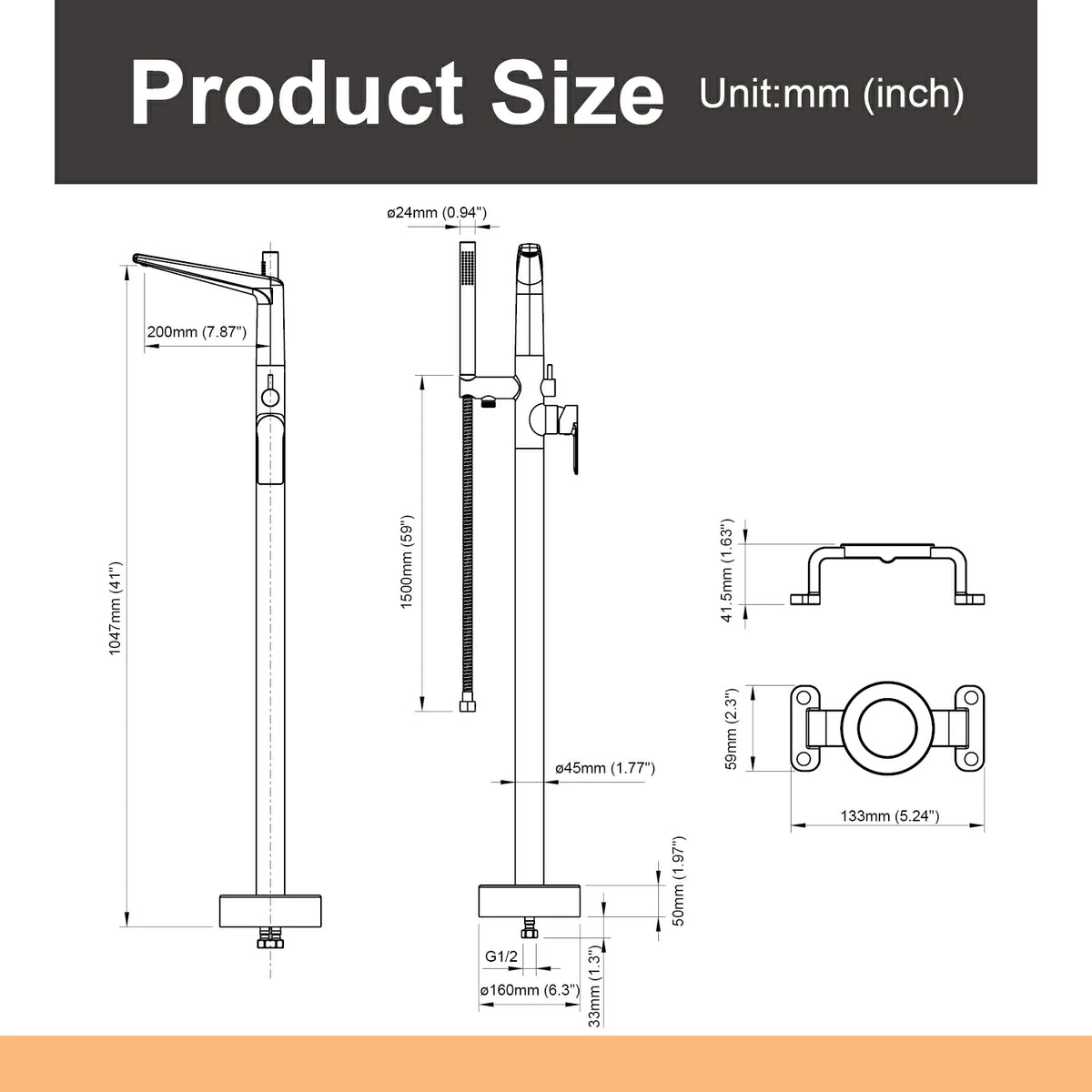 One-Piece Brass Waterfall Freestanding Bathtub Faucet with Hand Shower in Brushed Gold