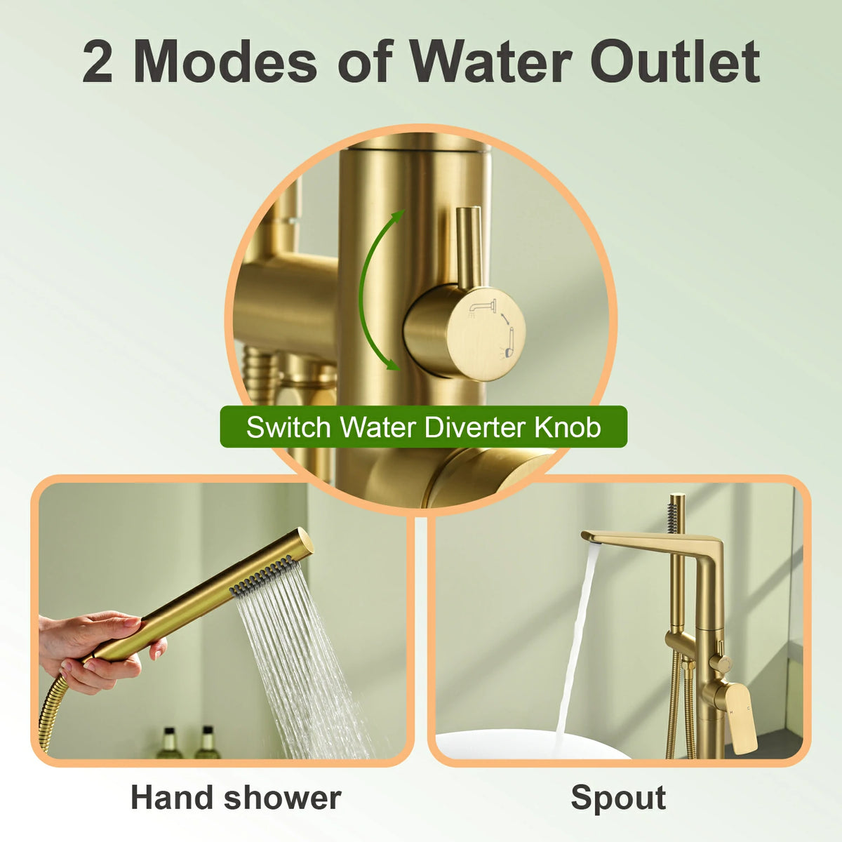 One-Piece Brass Waterfall Freestanding Bathtub Faucet with Hand Shower in Brushed Gold