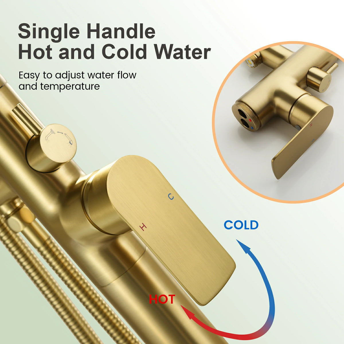 One-Piece Brass Waterfall Freestanding Bathtub Faucet with Hand Shower in Brushed Gold