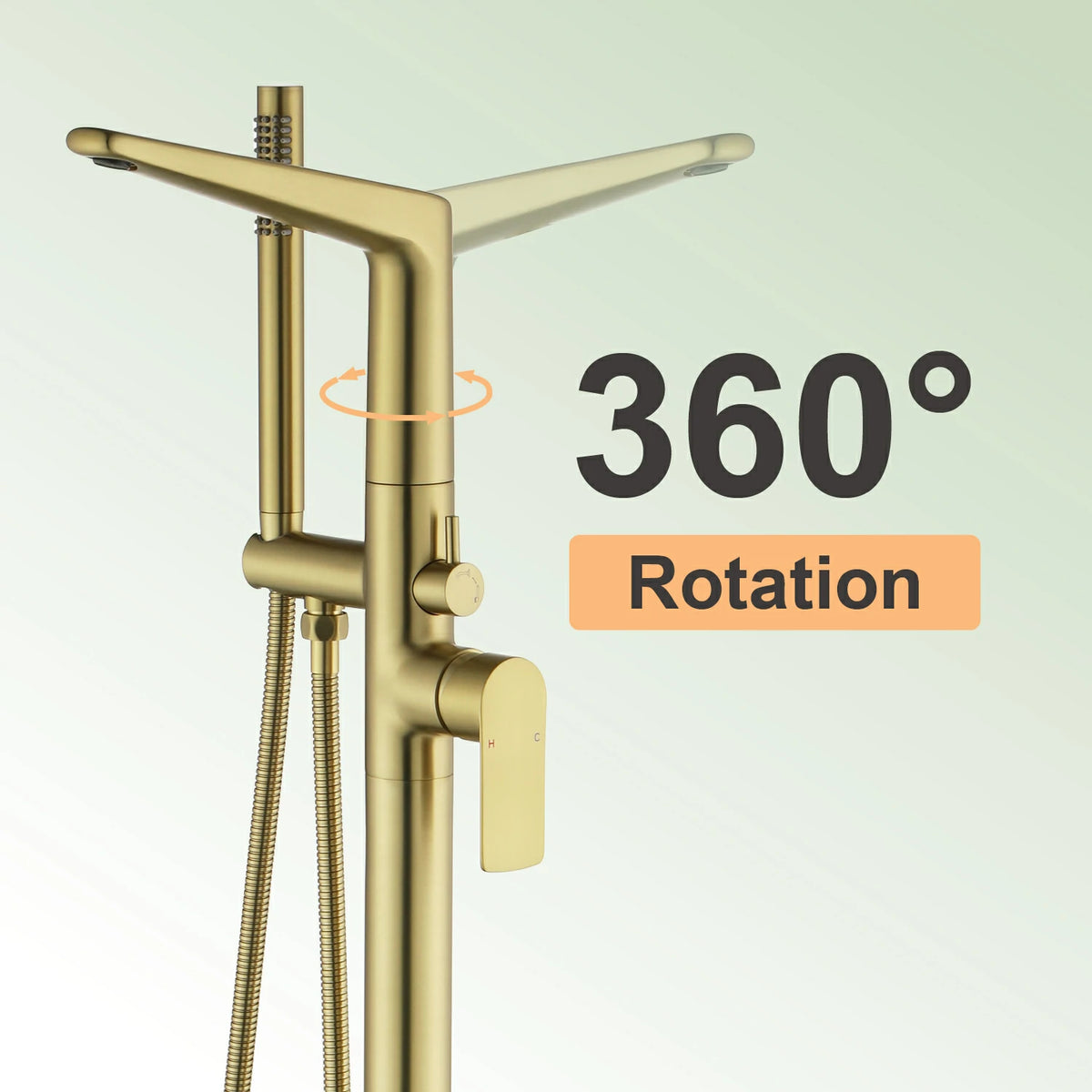 One-Piece Brass Waterfall Freestanding Bathtub Faucet with Hand Shower in Brushed Gold