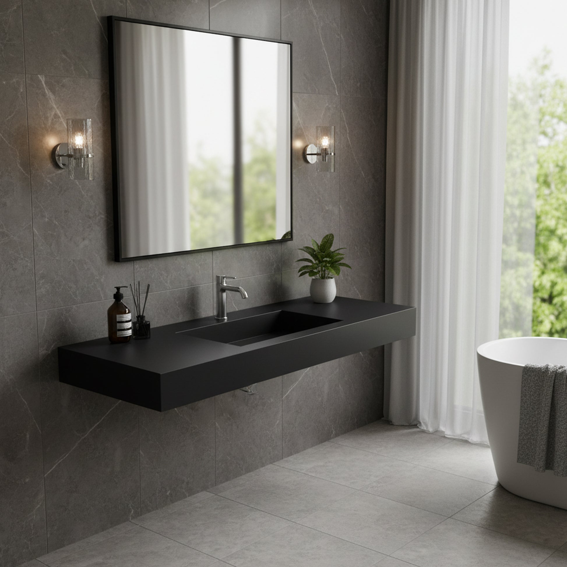 47.24" Wall-Mount Bathroom Sink with Single Faucet Hole, Matte Black, Matte Grey