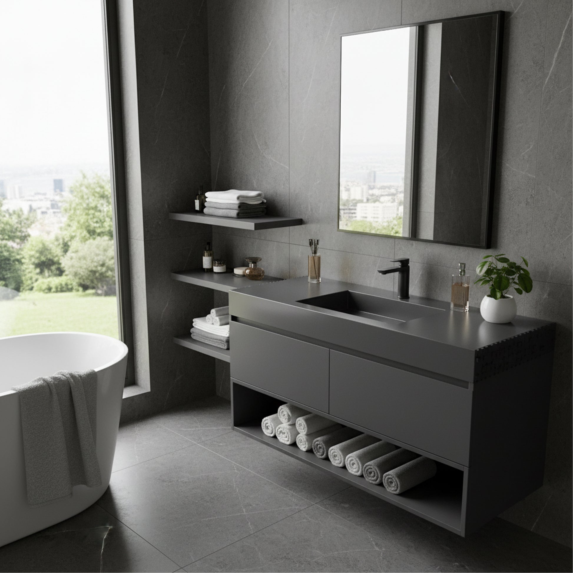 47.24" Wall-Mount Bathroom Sink with Single Faucet Hole, Matte Black, Matte Grey