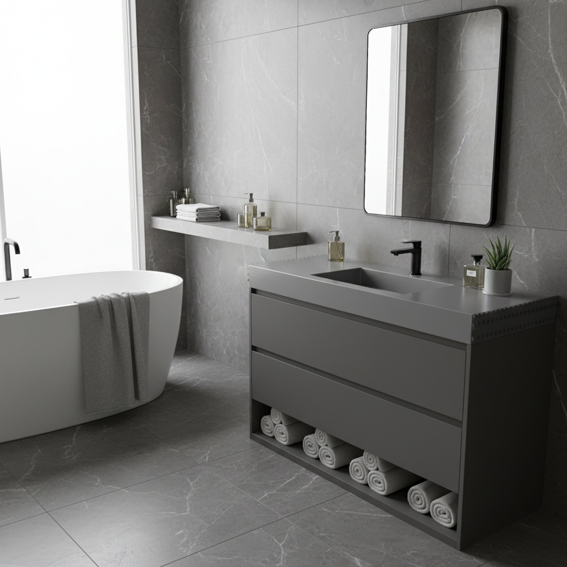 47.24" Wall-Mount Bathroom Sink with Single Faucet Hole, Matte Black, Matte Grey