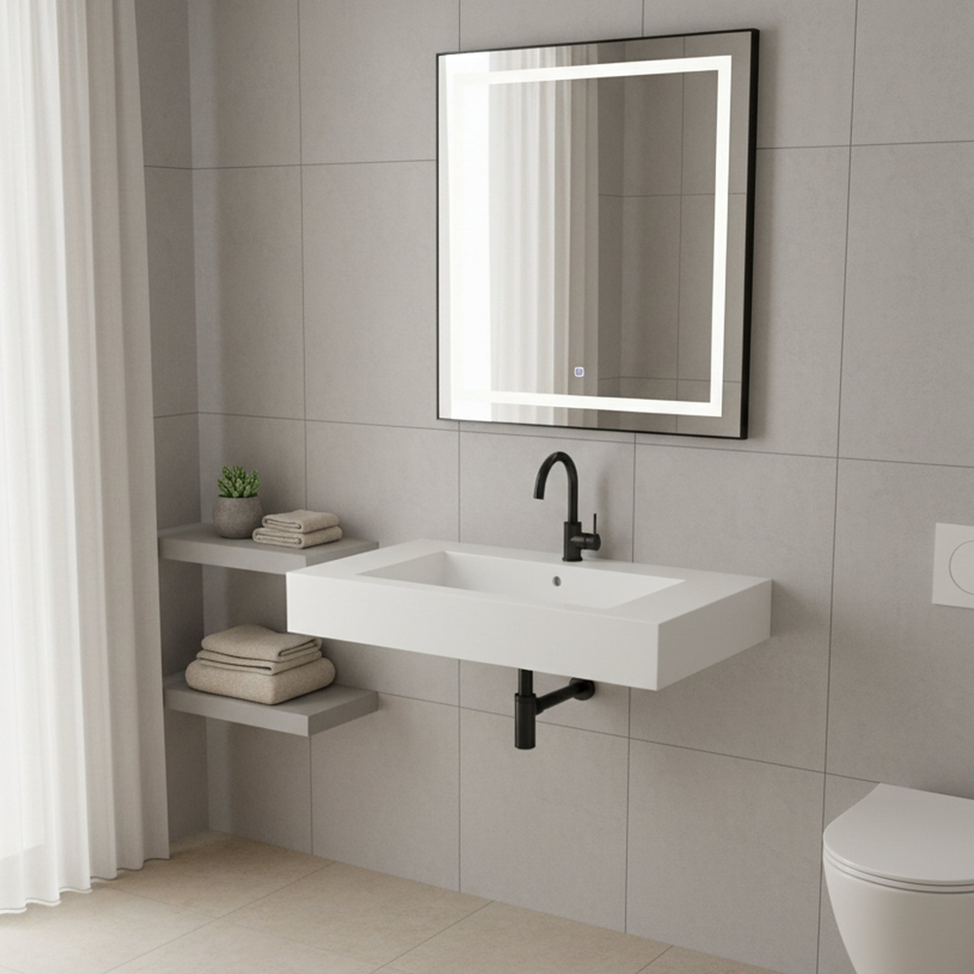 29.5" Solid Surface Wall-Mount Bathroom Sink with Backsplash