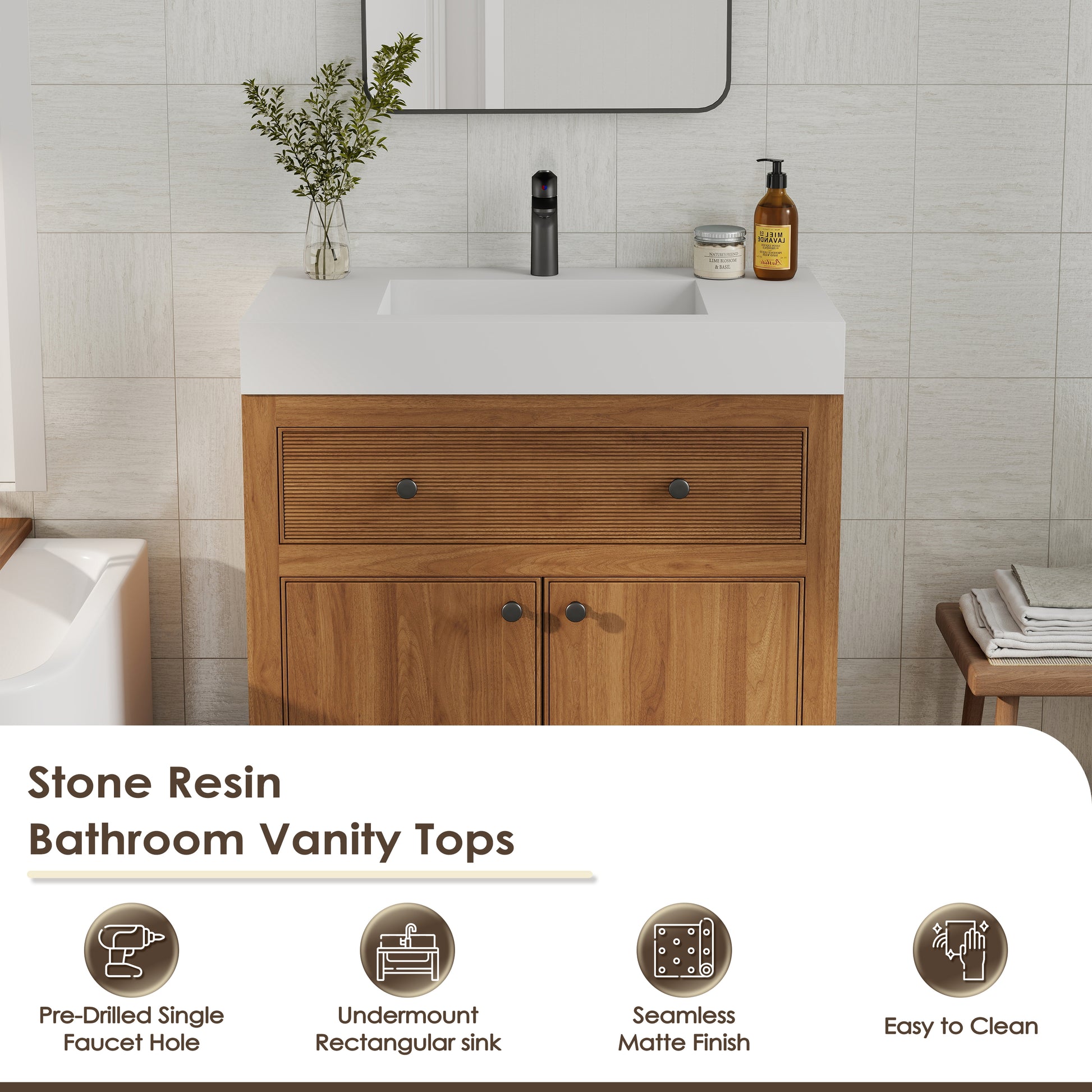 35" Solid Surface Wall Mounted Basin Sink in Matte White