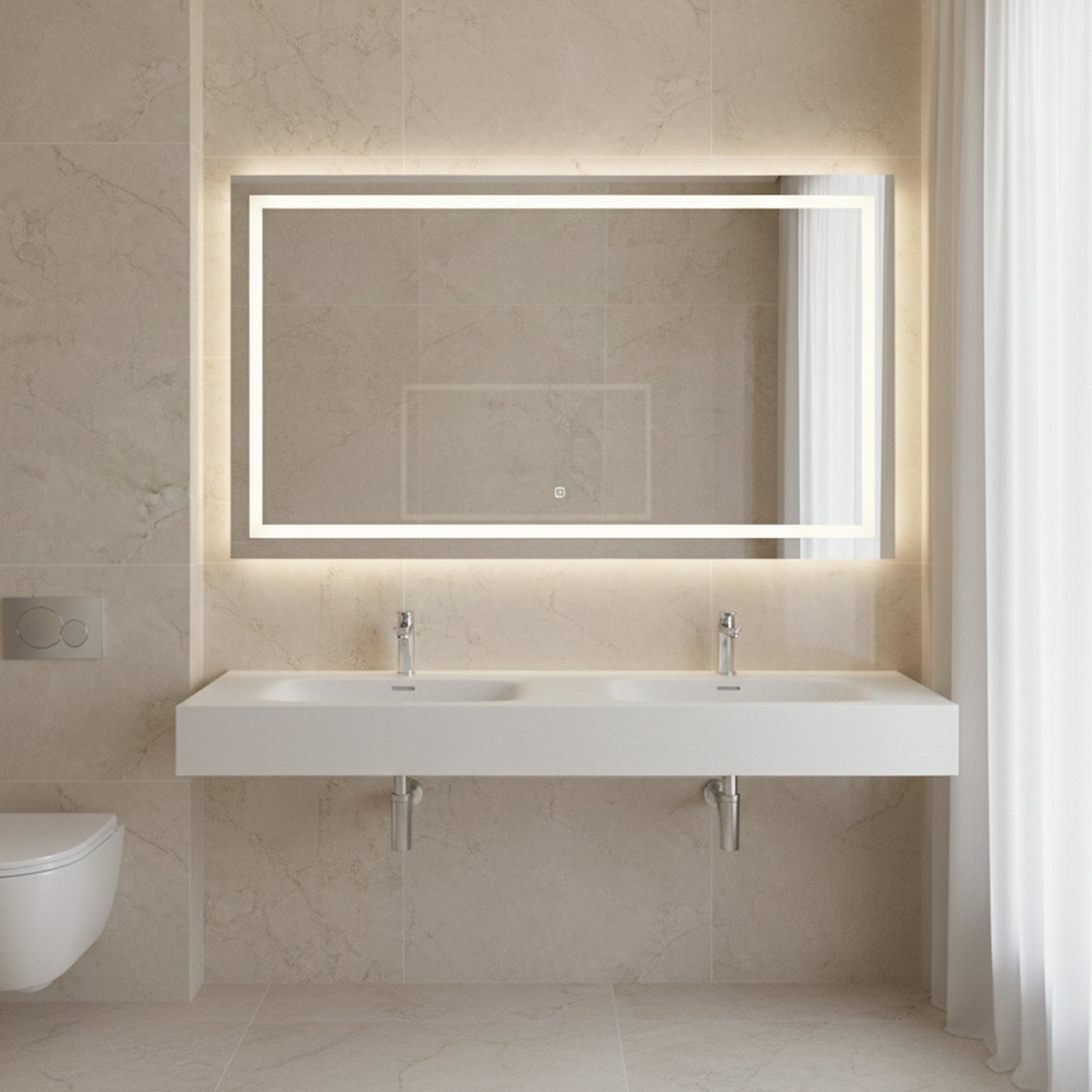 59.5" Solid Surface Double Wall-Mounted Basin Sink with 2 Faucet Holes