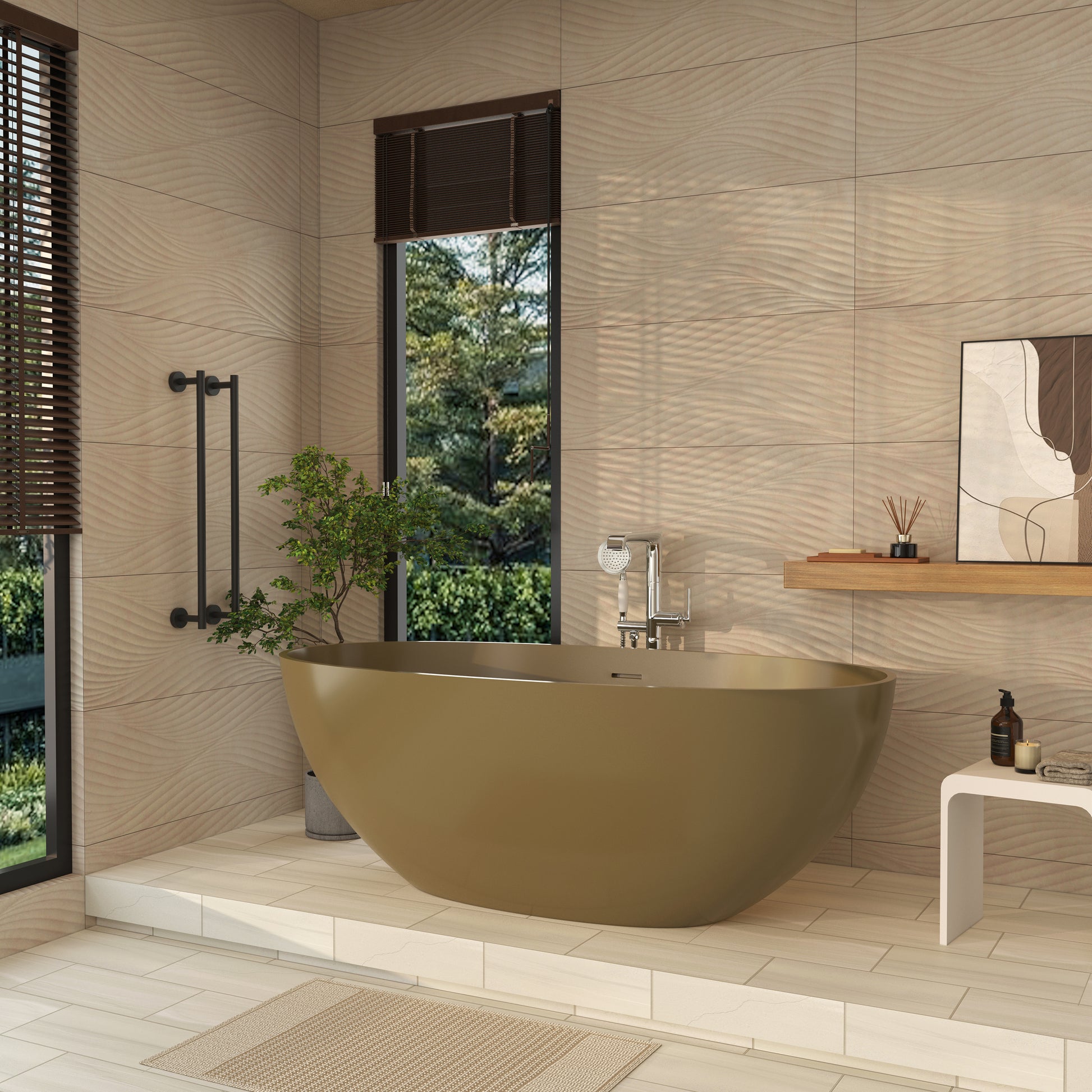 61" Freestanding Solid Surface Stone Soaking Bathtub in Modern Camel