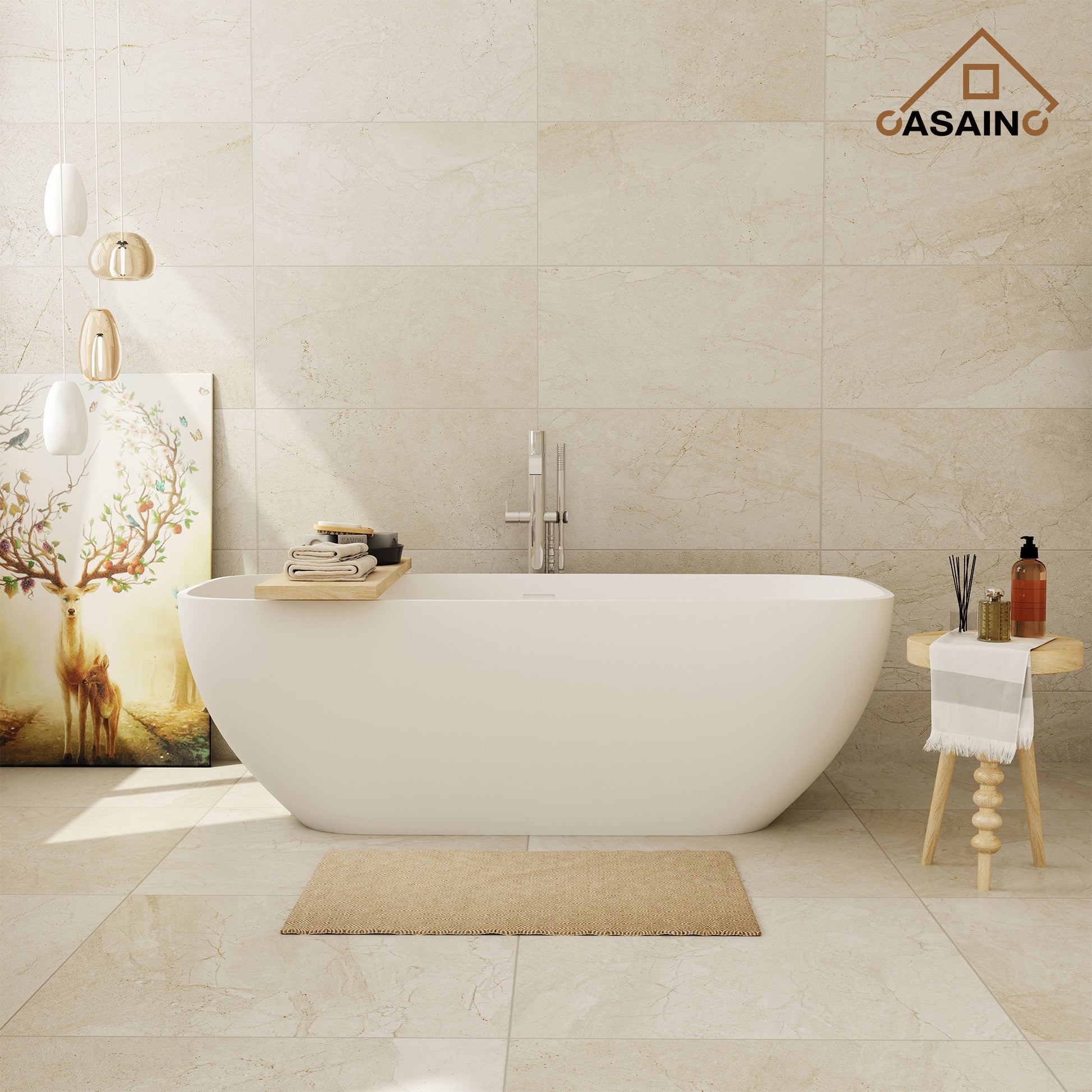 67" Solid Surface Freestanding Bathtub, Stone Resin Freestanding Tubs with Overflow and Drain, Matte White
