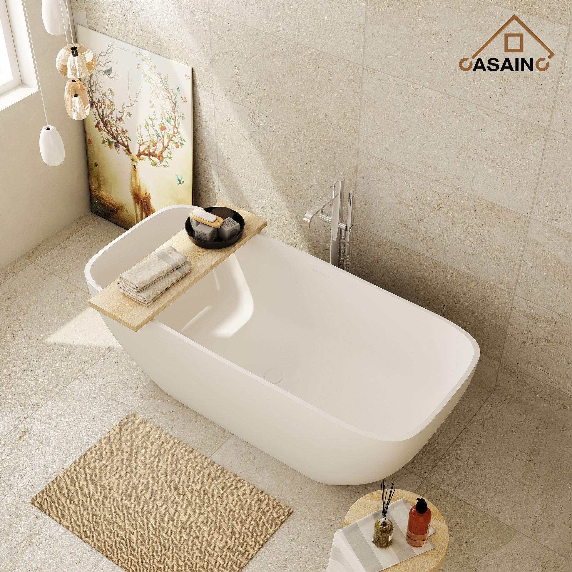 67" Solid Surface Freestanding Bathtub, Stone Resin Freestanding Tubs with Overflow and Drain, Matte White