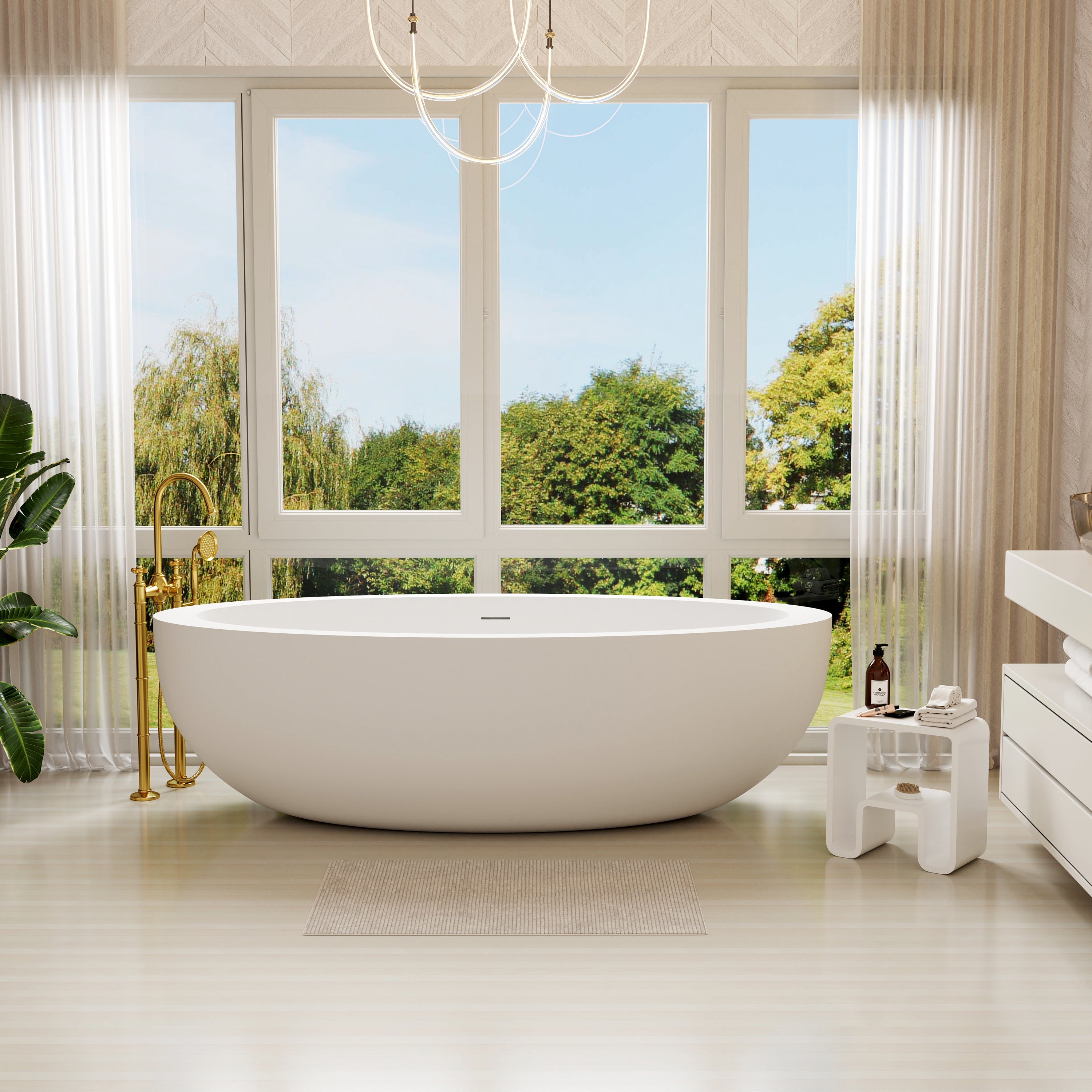73" Matte White Solid Surface Freestanding Bathtub with Thick Rim Design