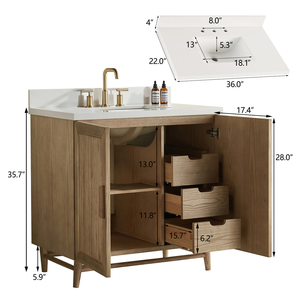 Fully Assembled 36''/48"/60"  Light Coffee Freestanding Single Sink Bathroom Vanity with Solid Wood Construction and Engineered White Top