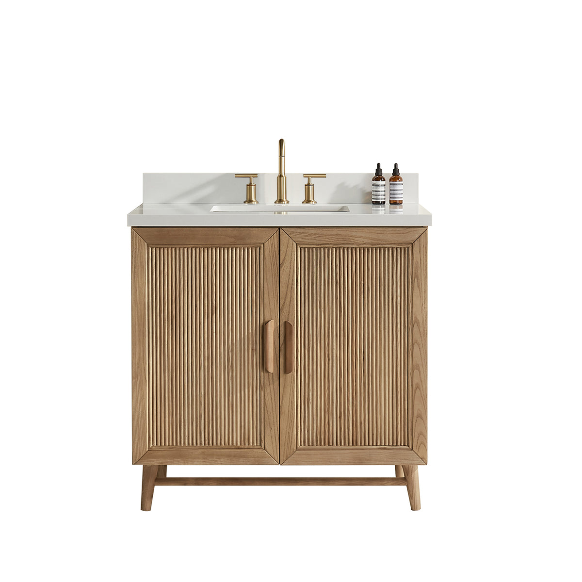 Fully Assembled 36''/48"/60"  Light Coffee Freestanding Single Sink Bathroom Vanity with Solid Wood Construction and Engineered White Top