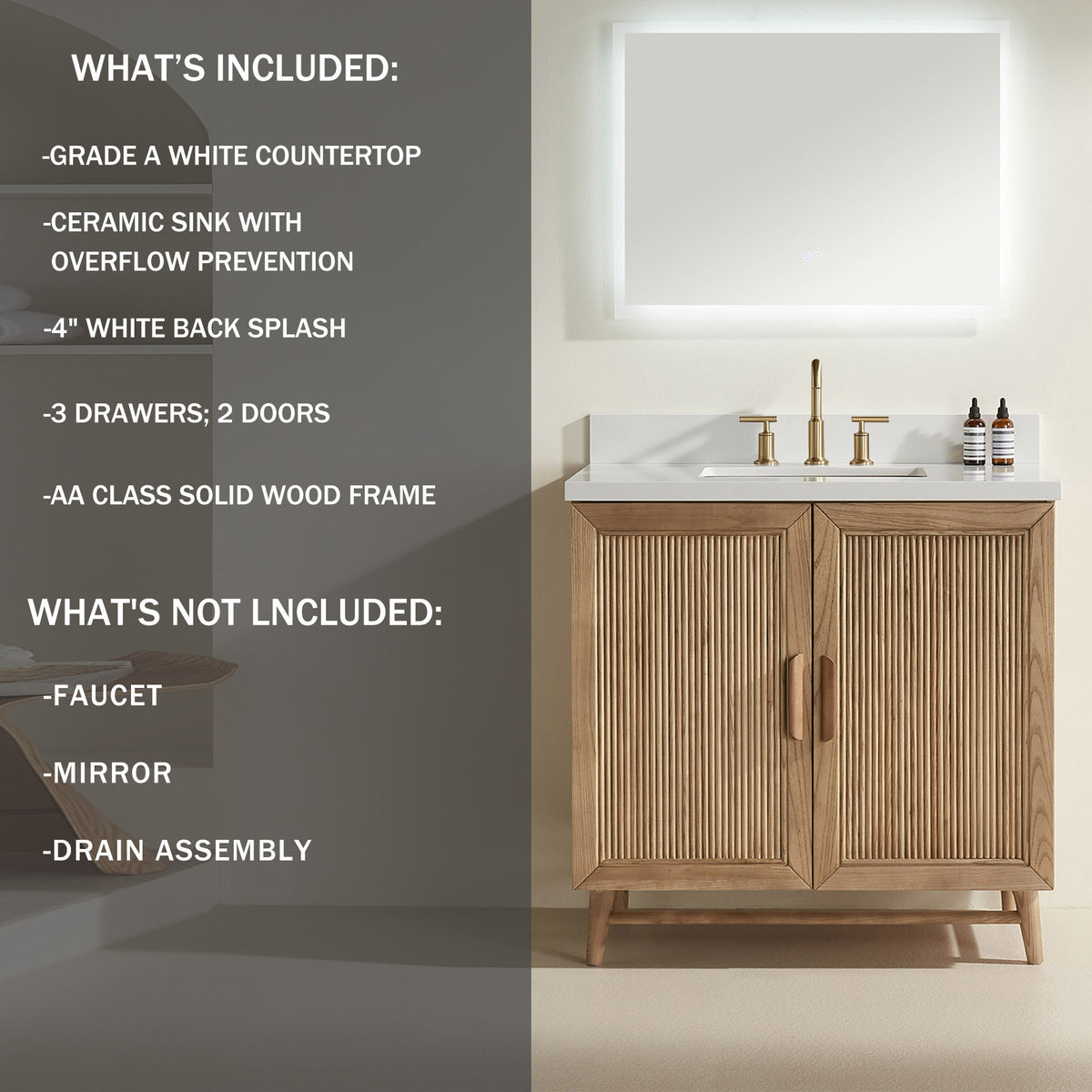 Fully Assembled 36''/48"/60"  Light Coffee Freestanding Single Sink Bathroom Vanity with Solid Wood Construction and Engineered White Top