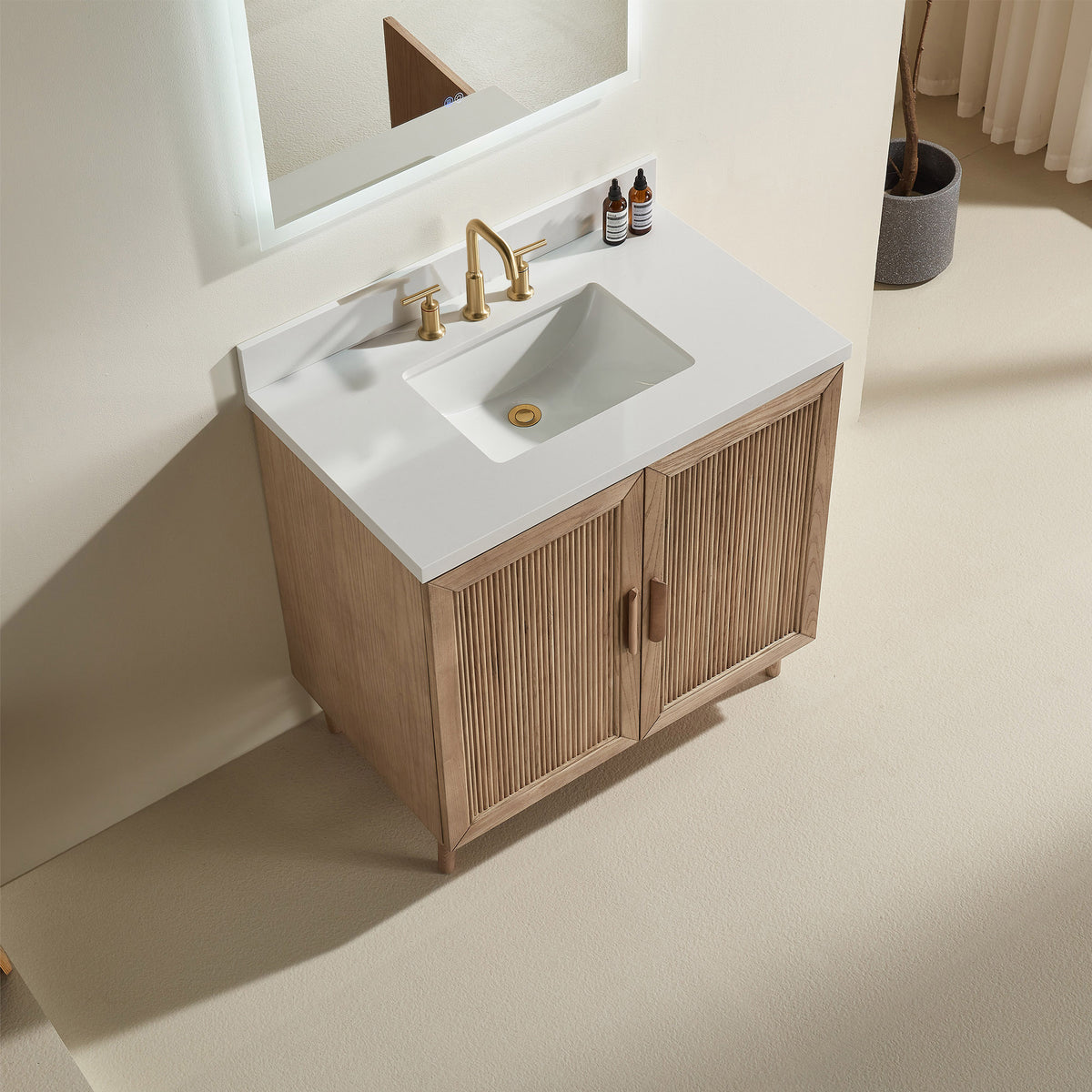 Fully Assembled 36''/48"/60"  Light Coffee Freestanding Single Sink Bathroom Vanity with Solid Wood Construction and Engineered White Top